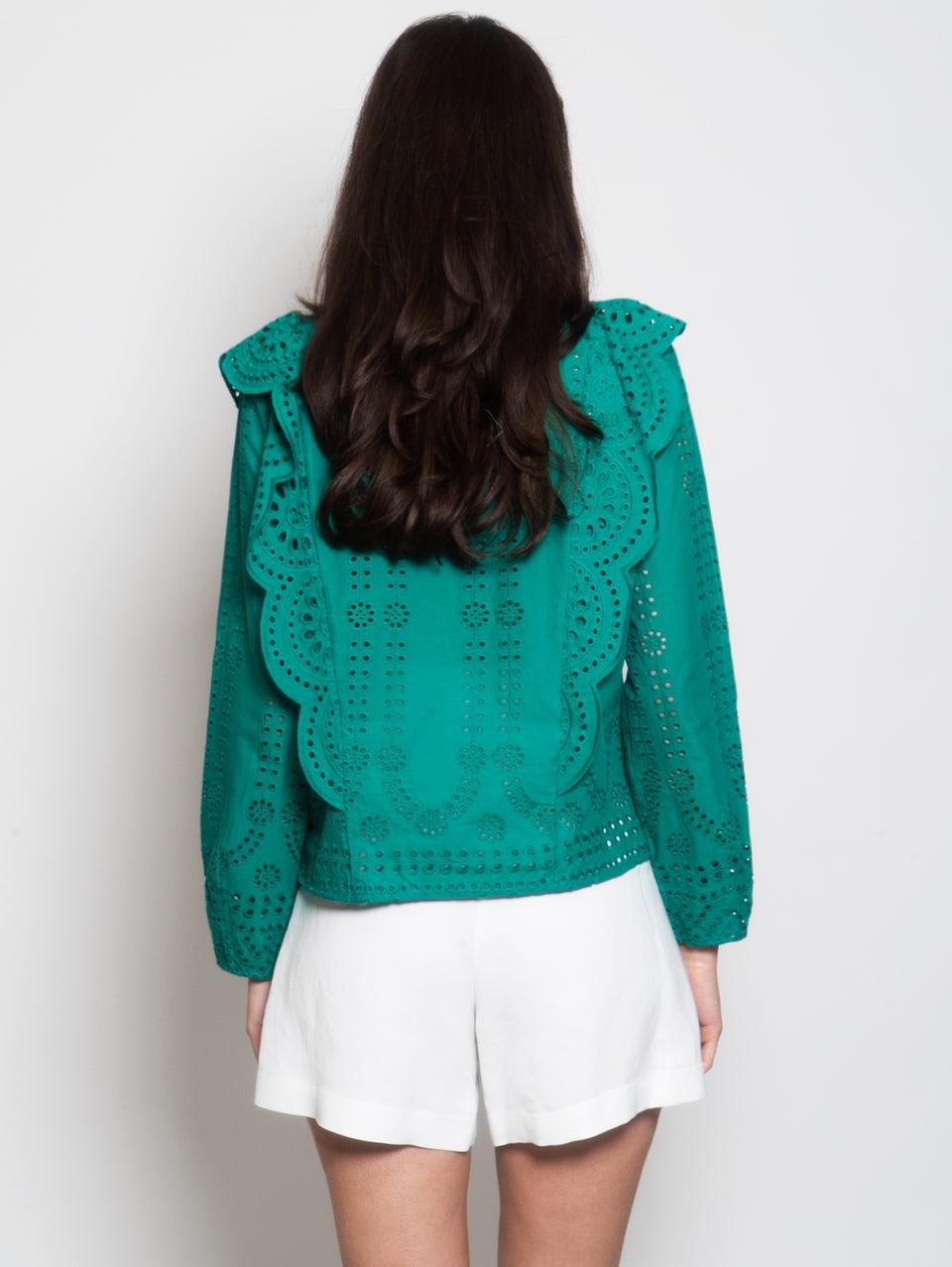 MUNTHE Blusa Girocollo in Cotone con Ricami Verde In Linea