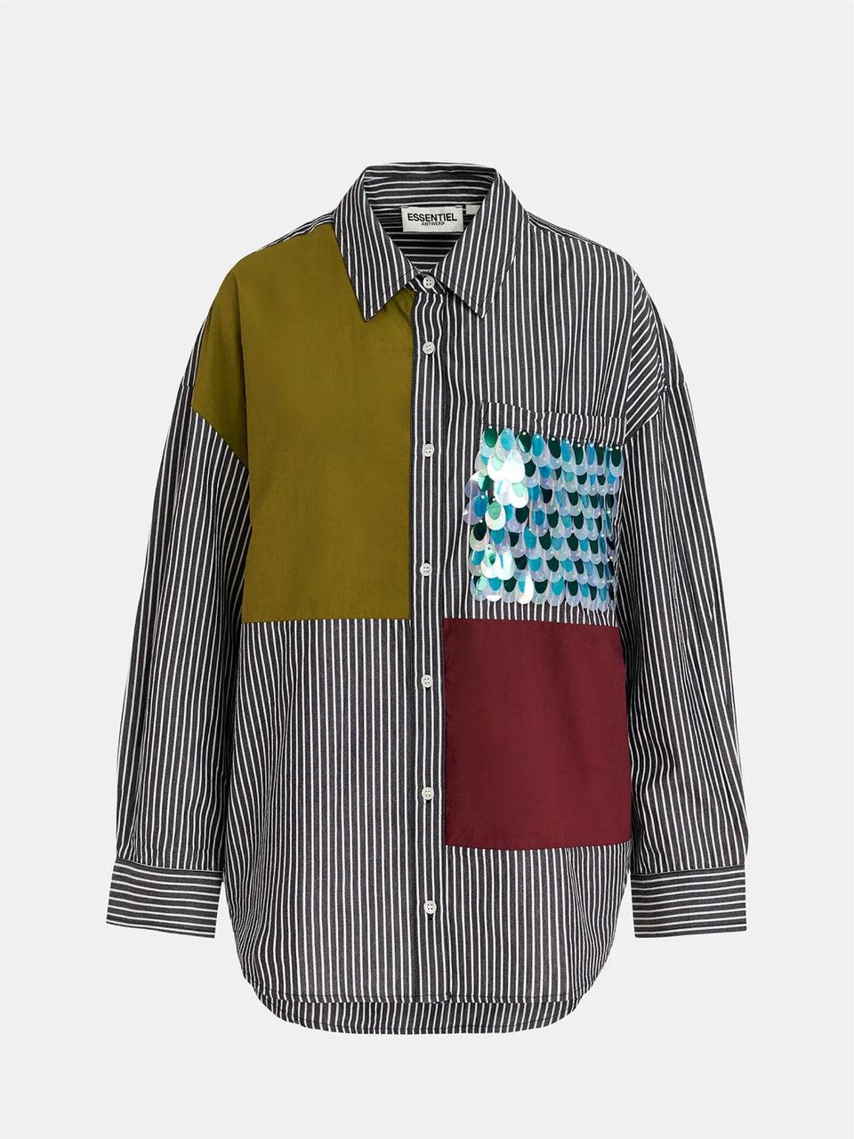 ESSENTIEL ANTWERP Camicia Over a Righe Patchwork Nero Vendita