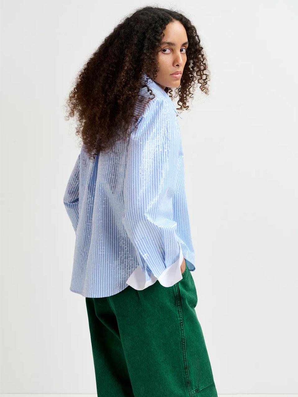 ESSENTIEL ANTWERP Camicia a Righe con Paillettes Bianco/Blu Consegna Veloce