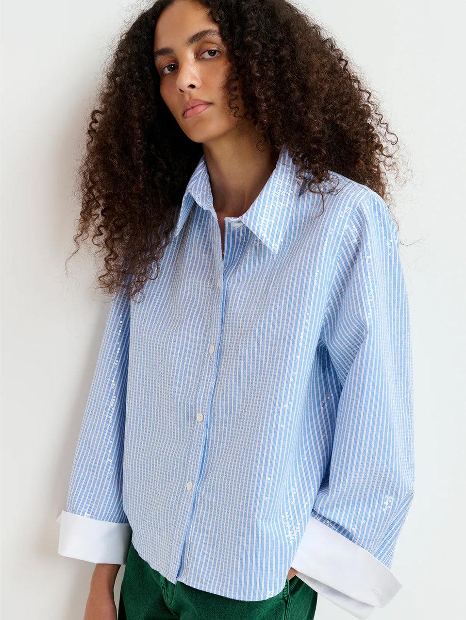 ESSENTIEL ANTWERP Camicia a Righe con Paillettes Bianco/Blu Consegna Veloce