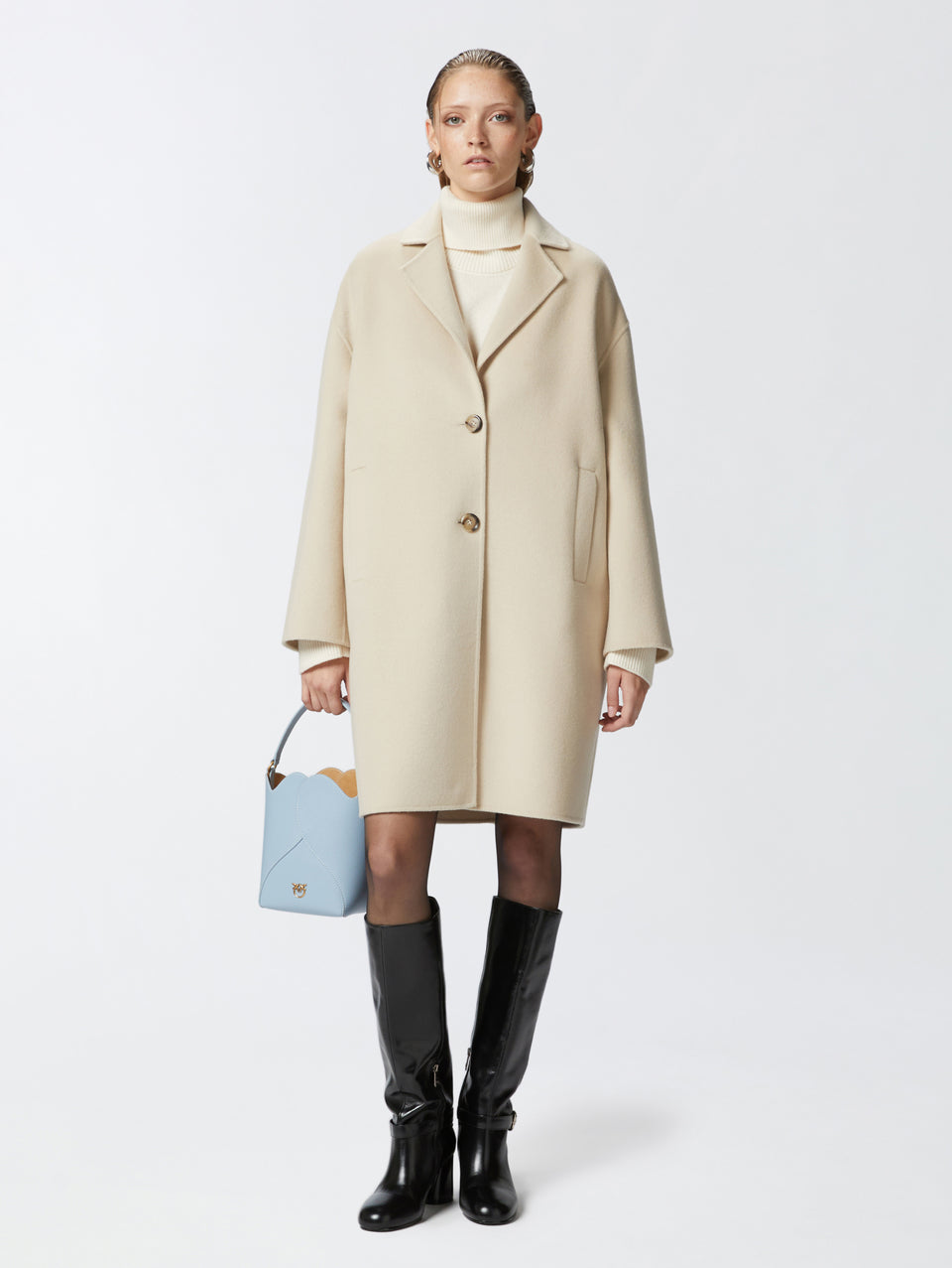 PINKO Cappotto Monopetto in Double di Lana Beige