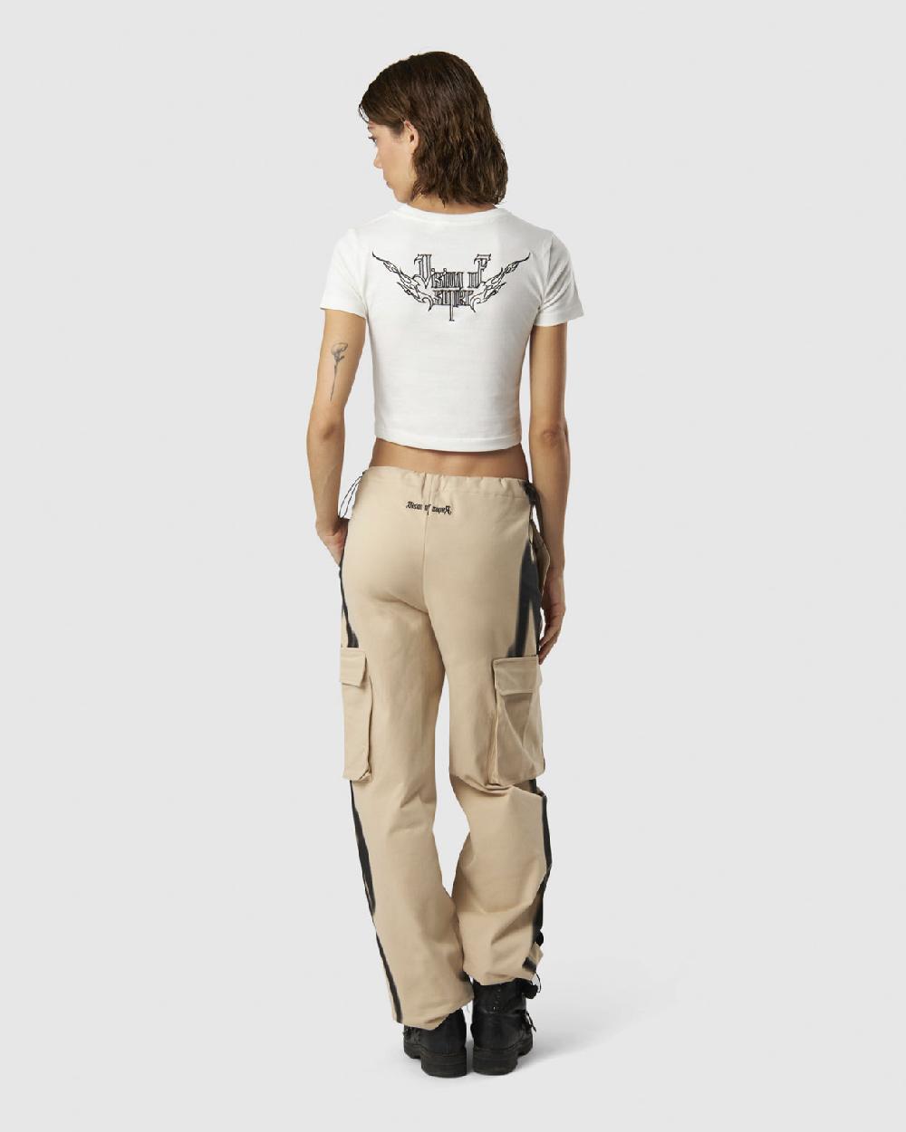 Vision Of Super WHITE CROP T-SHIRT WITH EMBROIDERED TRIBAL LOGO ON FRONT AND EMBROIDERED TRIBAL GRAPHIC ON BACK Negozio