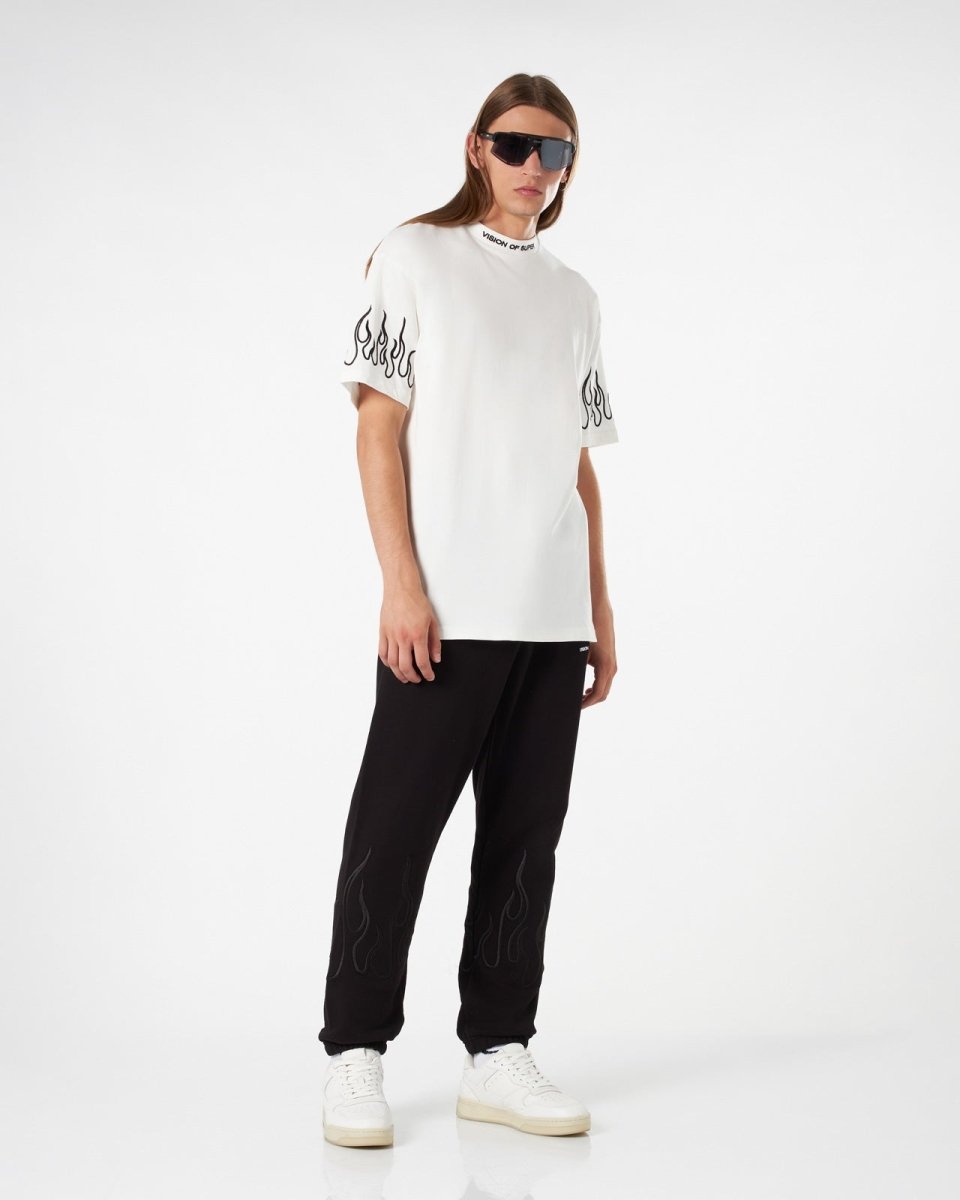 Vision Of Super WHITE T-SHIRT WITH BLACK EMBROIDERED FLAMES Soddisfazione Garantita