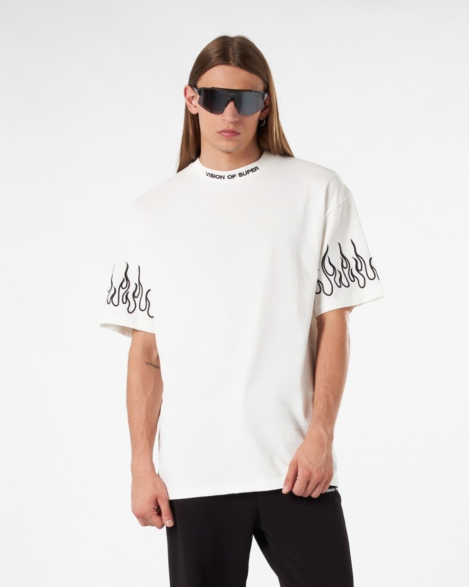 Vision Of Super WHITE T-SHIRT WITH BLACK EMBROIDERED FLAMES Soddisfazione Garantita