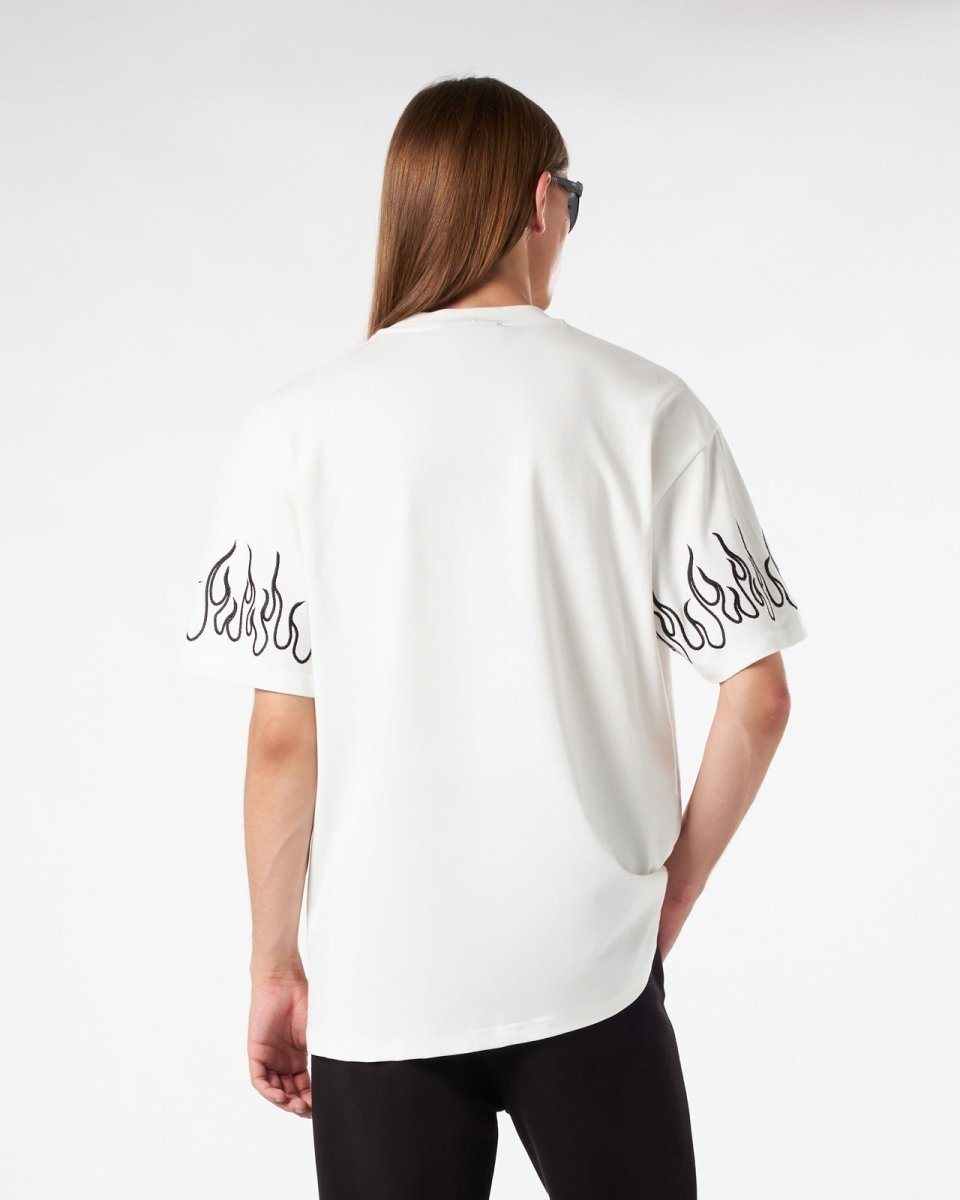 Vision Of Super WHITE T-SHIRT WITH BLACK EMBROIDERED FLAMES Soddisfazione Garantita