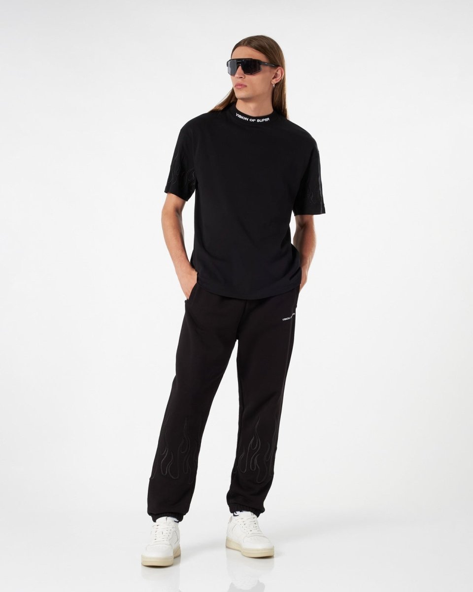 Vision Of Super BLACK T-SHIRT WITH BLACK EMBROIDERED FLAMES Qualità Garantita
