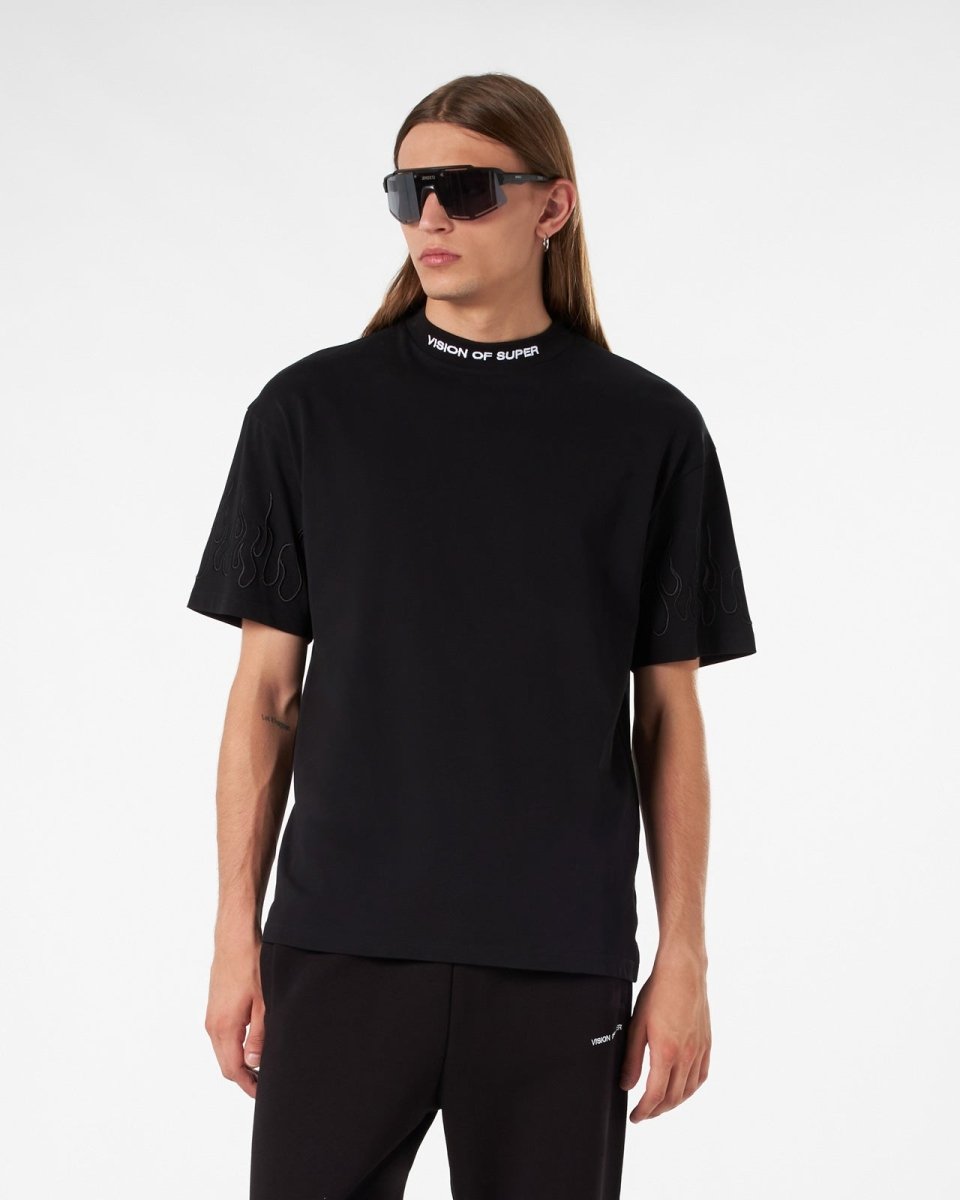 Vision Of Super BLACK T-SHIRT WITH BLACK EMBROIDERED FLAMES Qualità Garantita
