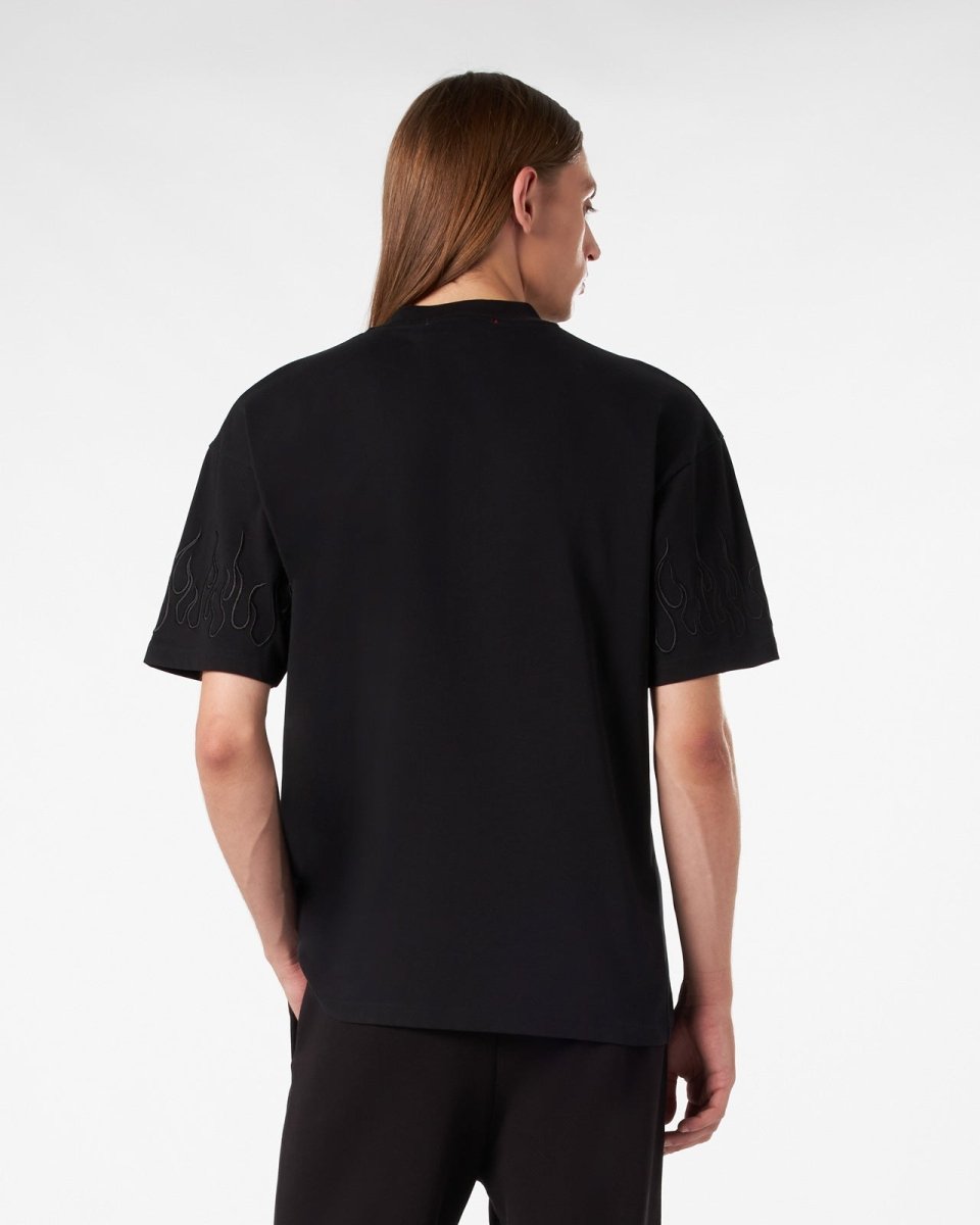 Vision Of Super BLACK T-SHIRT WITH BLACK EMBROIDERED FLAMES Qualità Garantita