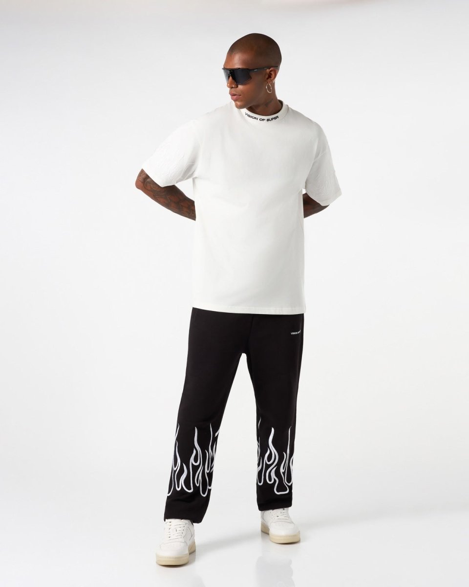 Vision Of Super WHITE T-SHIRT WITH WHITE EMBROIDERED FLAMES Negozi Online