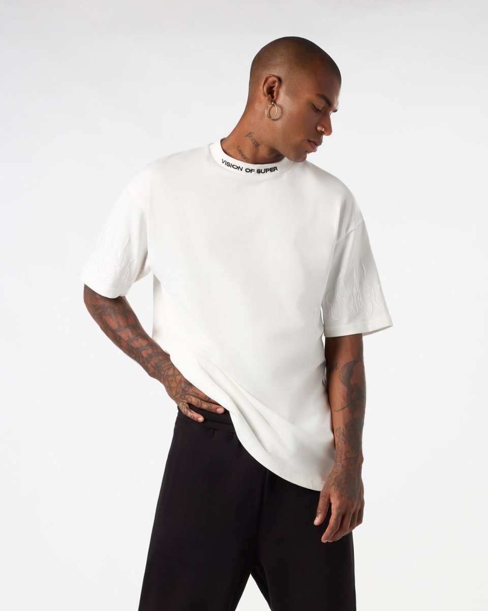 Vision Of Super WHITE T-SHIRT WITH WHITE EMBROIDERED FLAMES Negozi Online