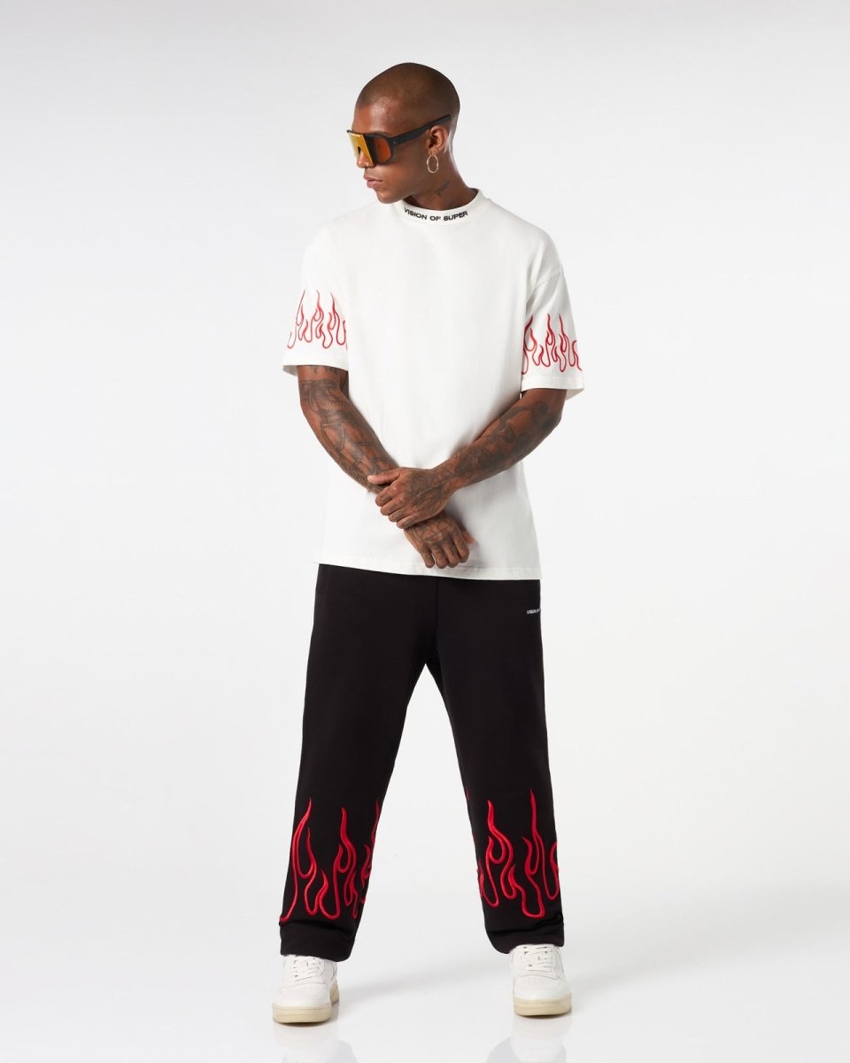 Vision Of Super WHITE T-SHIRT WITH RED EMBROIDERED FLAMES 2025