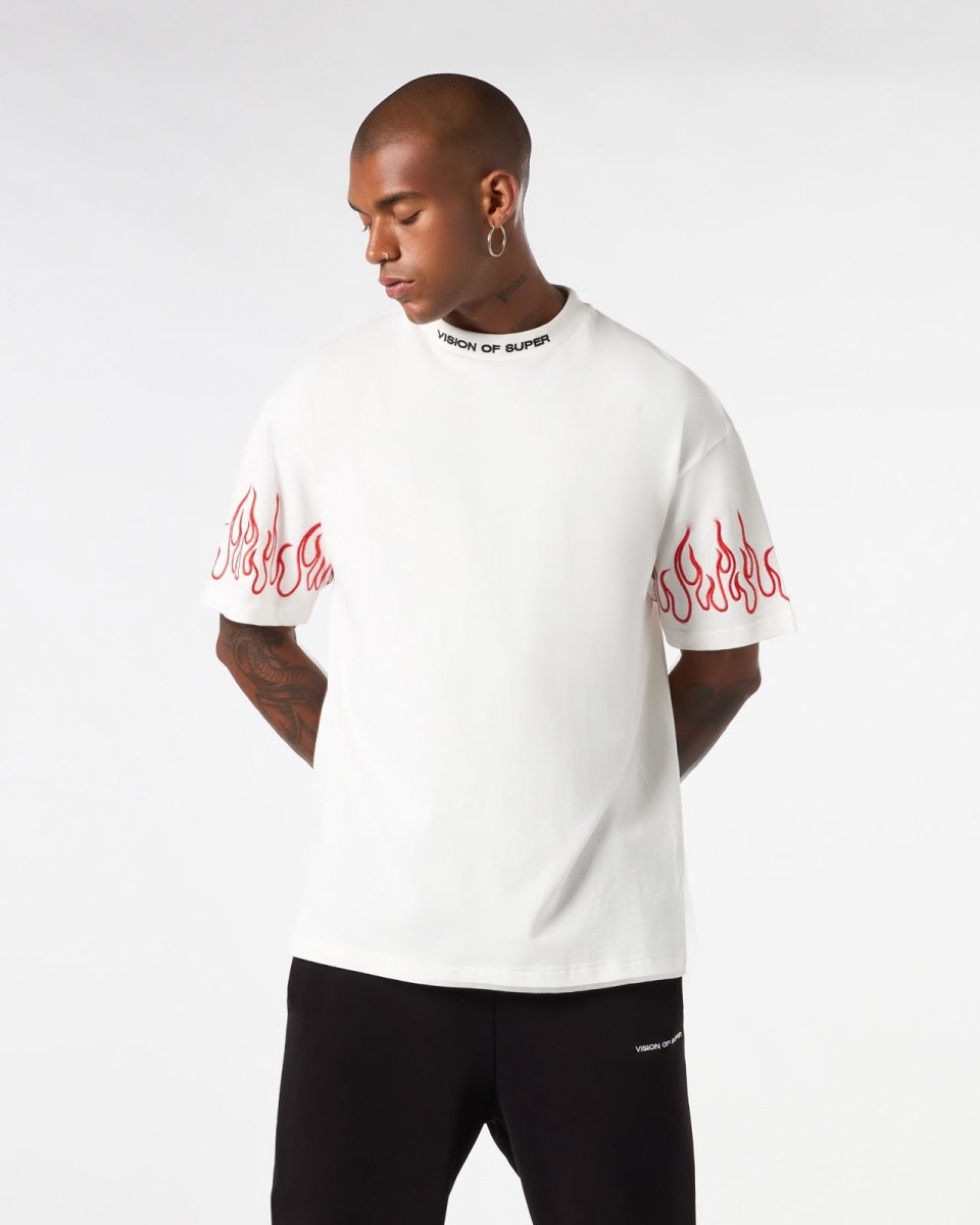 Vision Of Super WHITE T-SHIRT WITH RED EMBROIDERED FLAMES 2025