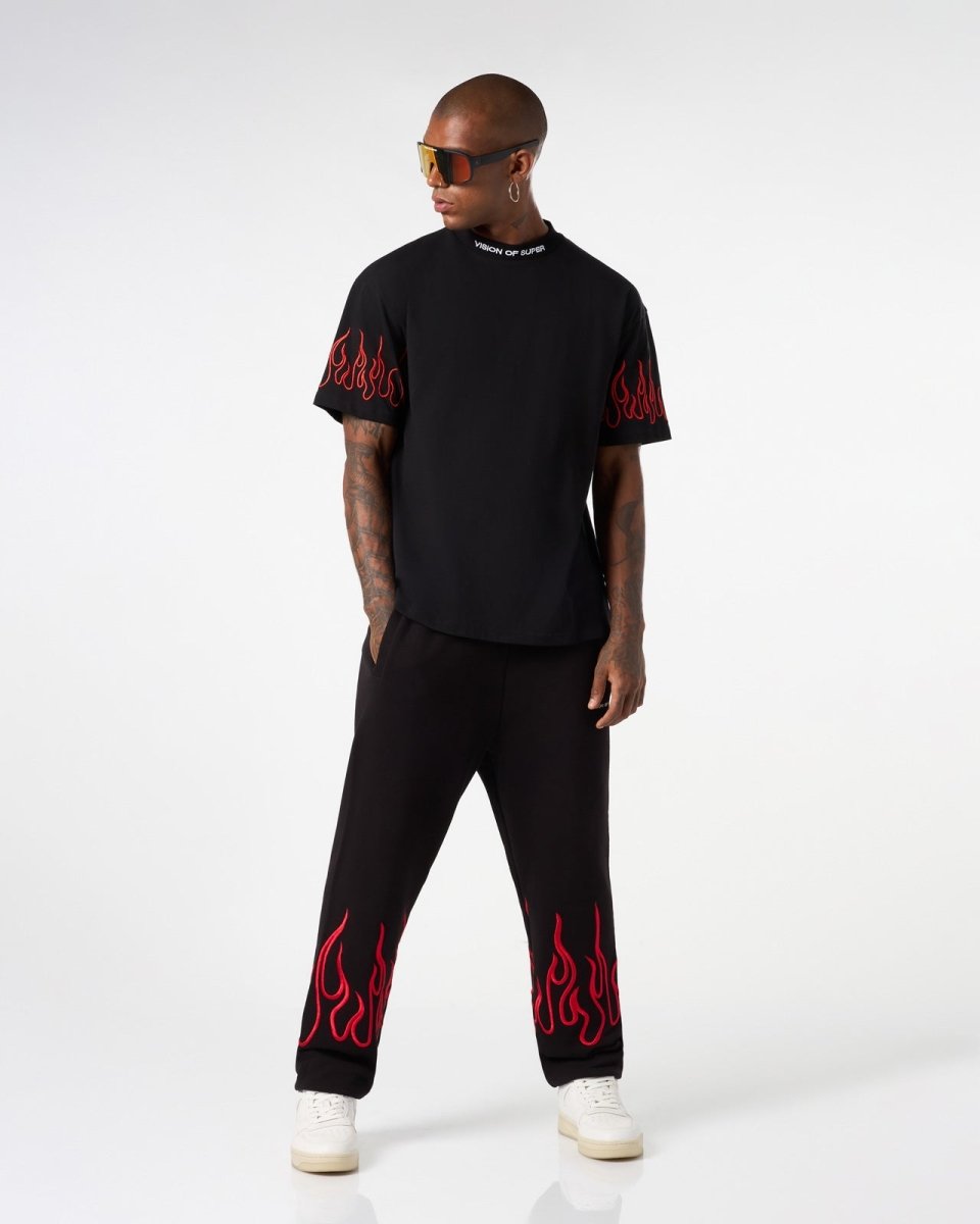 Vision Of Super BLACK T-SHIRT WITH RED EMBROIDERED FLAMES Italy