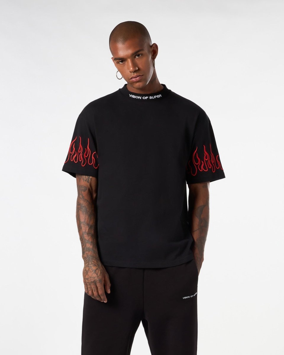 Vision Of Super BLACK T-SHIRT WITH RED EMBROIDERED FLAMES Italy