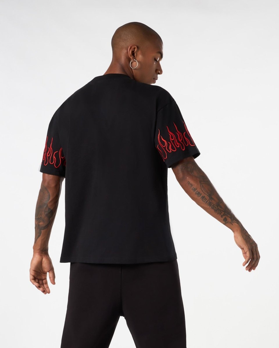 Vision Of Super BLACK T-SHIRT WITH RED EMBROIDERED FLAMES Italy