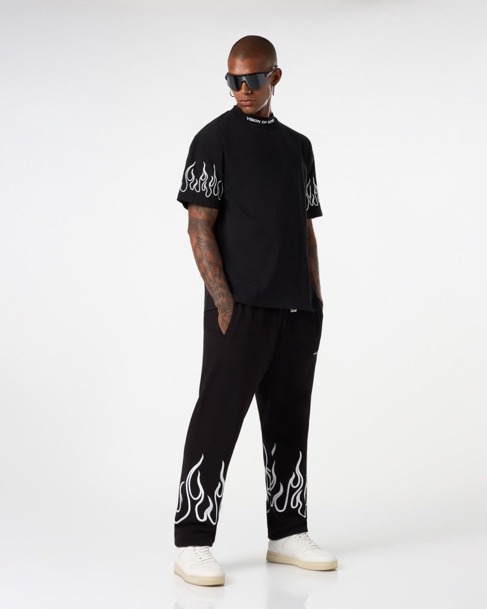 Vision Of Super BLACK T-SHIRT WITH WHITE EMBROIDERED FLAMES Promozione Limitata