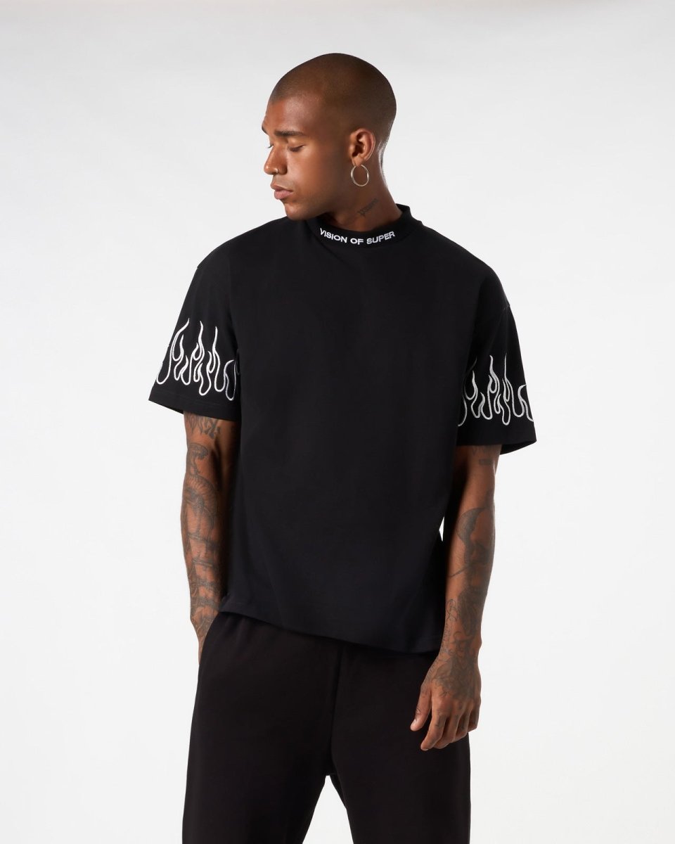 Vision Of Super BLACK T-SHIRT WITH WHITE EMBROIDERED FLAMES Promozione Limitata