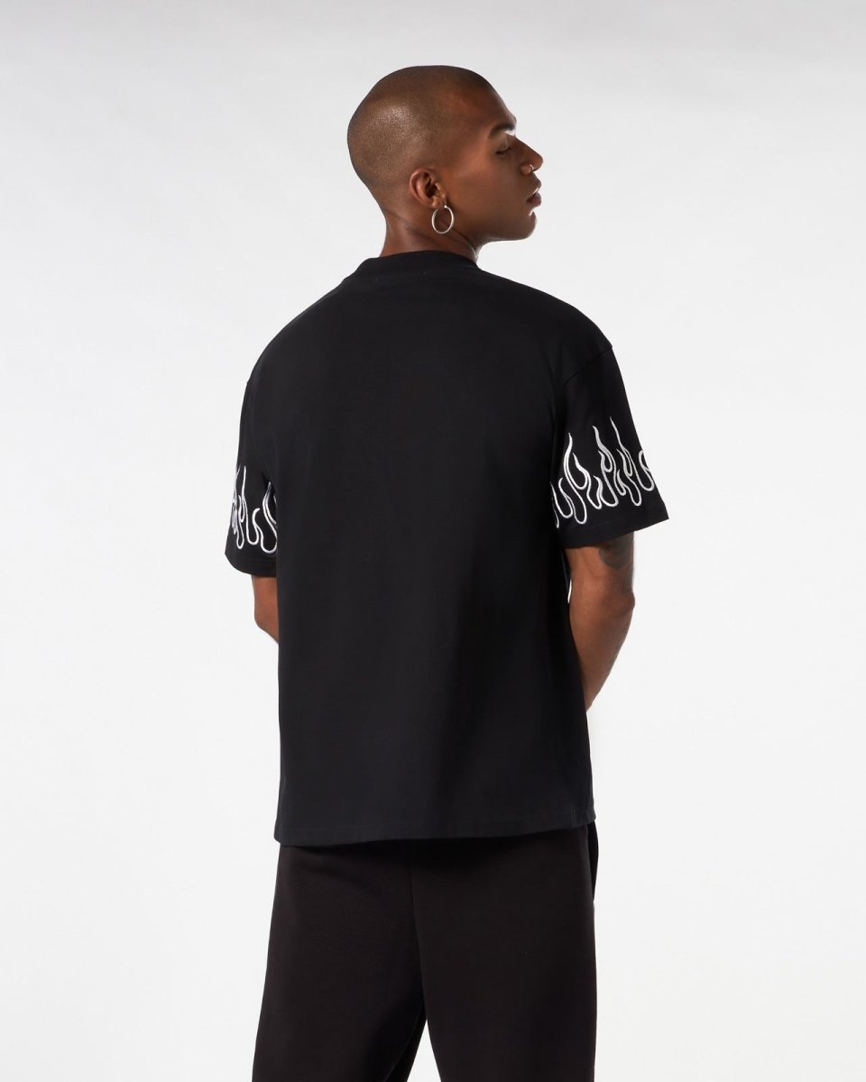 Vision Of Super BLACK T-SHIRT WITH WHITE EMBROIDERED FLAMES Promozione Limitata