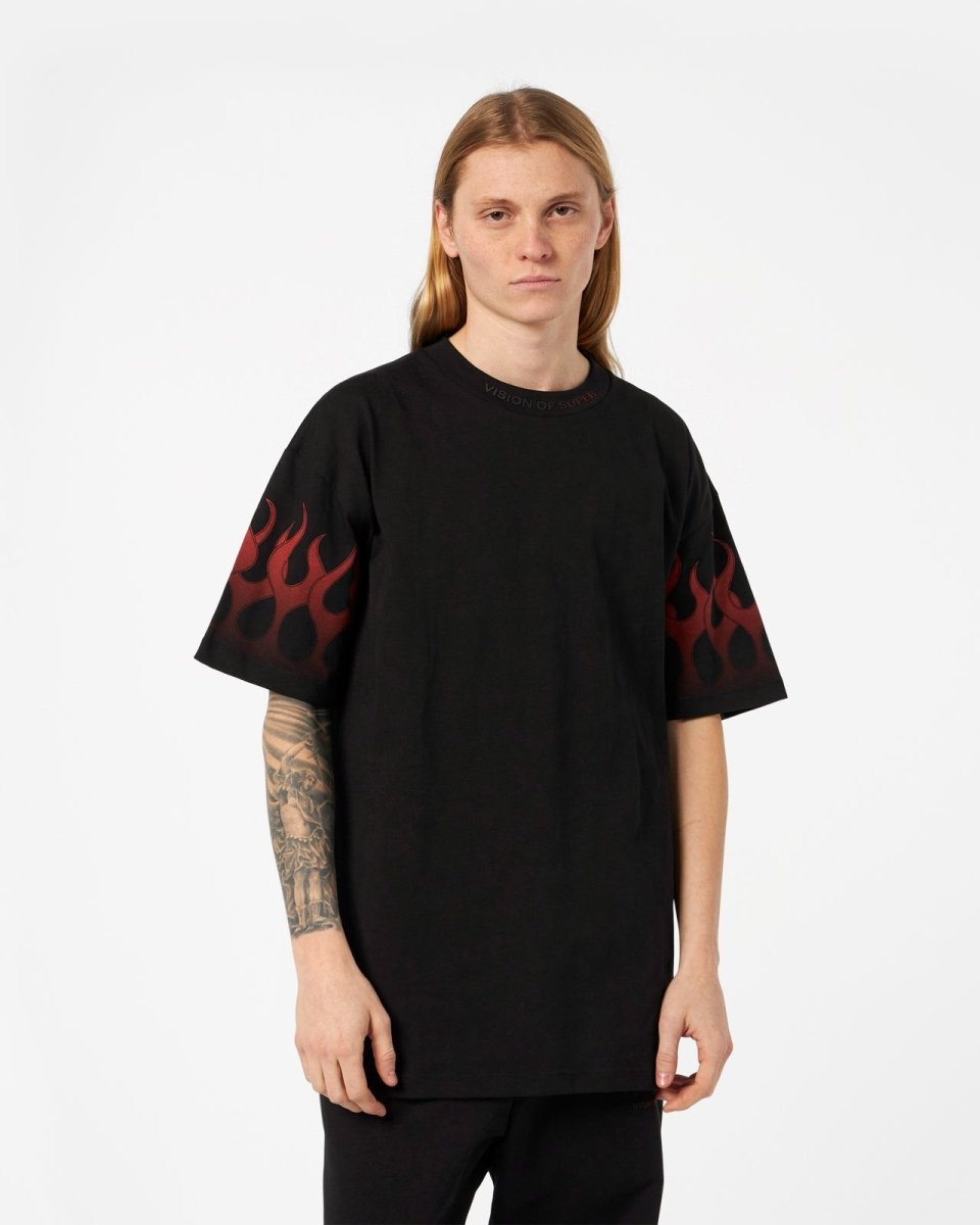 Vision Of Super BLACK T-SHIRT WITH RED FLAMES Fino Al -60%