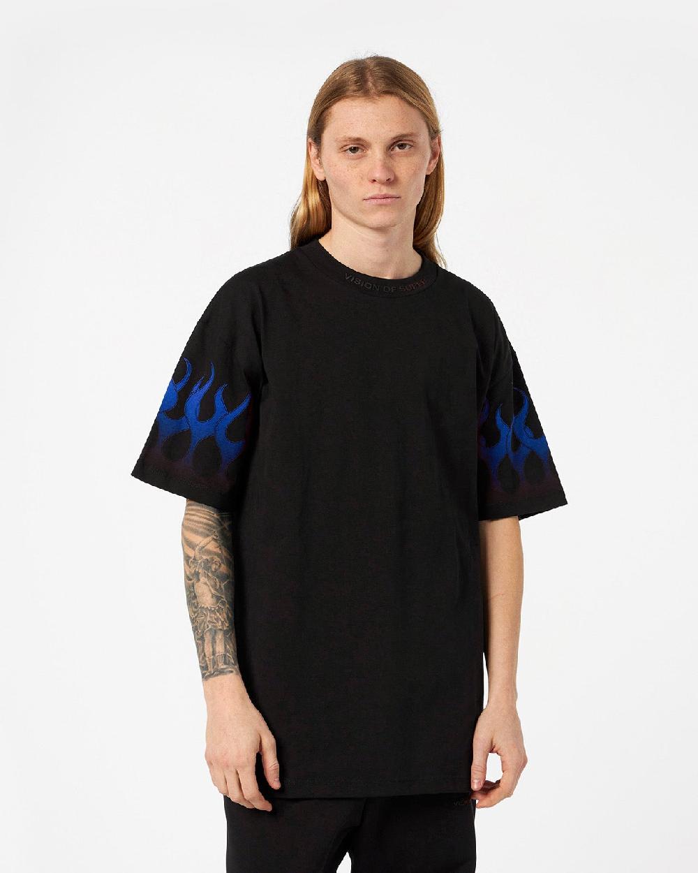 Vision Of Super BLACK T-SHIRT WITH BLUE FLAMES Affare Del Giorno