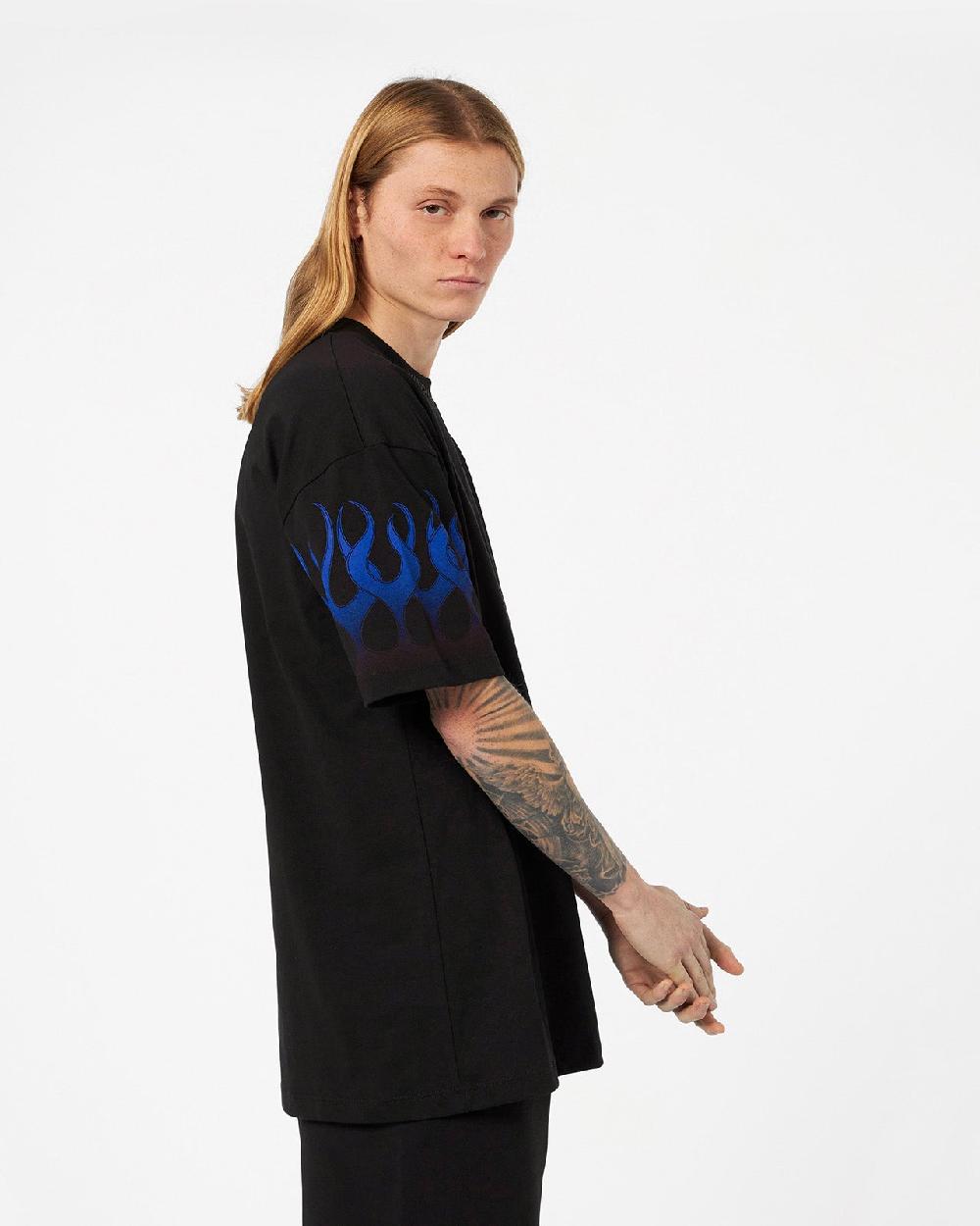 Vision Of Super BLACK T-SHIRT WITH BLUE FLAMES Affare Del Giorno