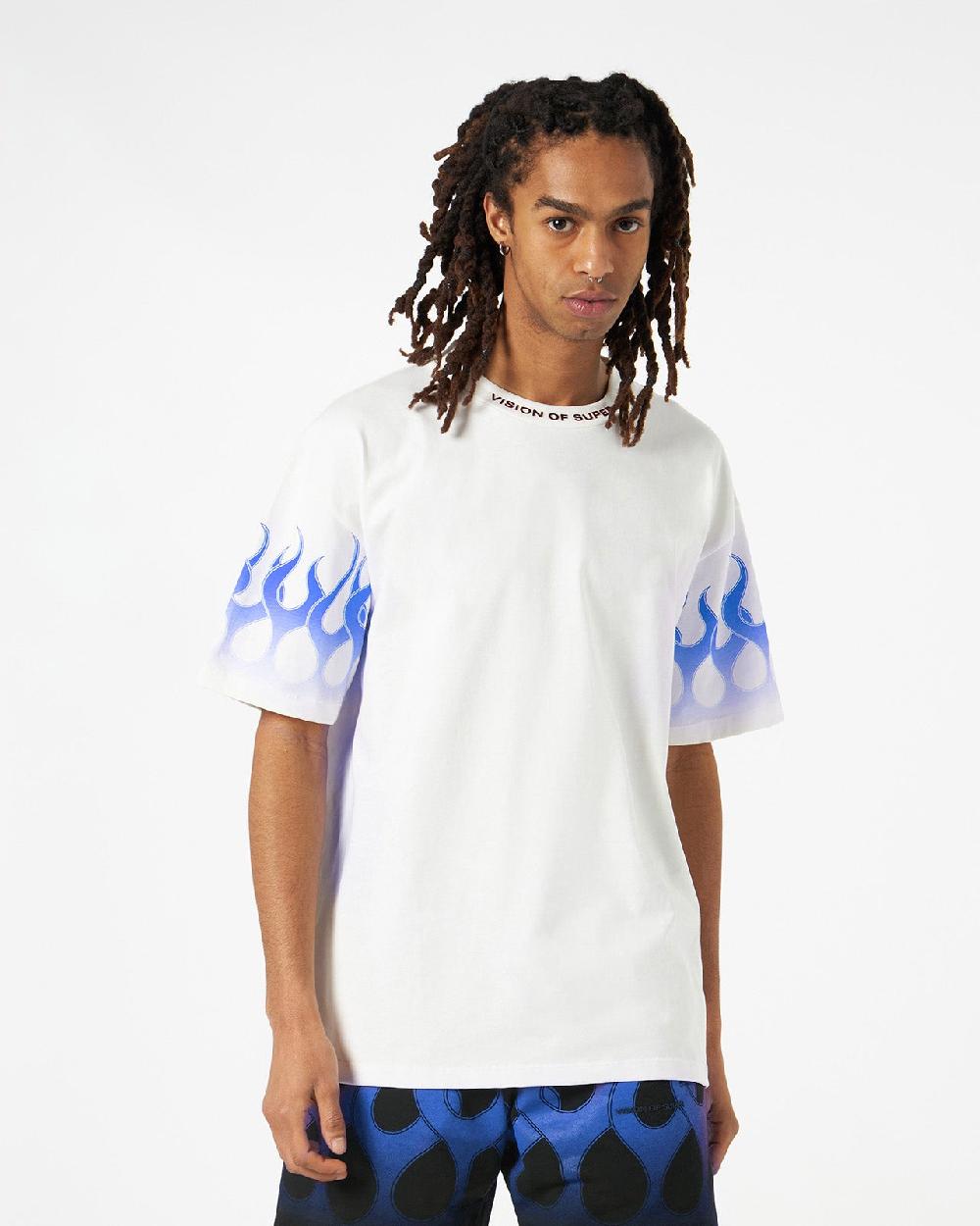 Vision Of Super WHITE T-SHIRT WITH BLUE FLAMES Prezzo Ridotto