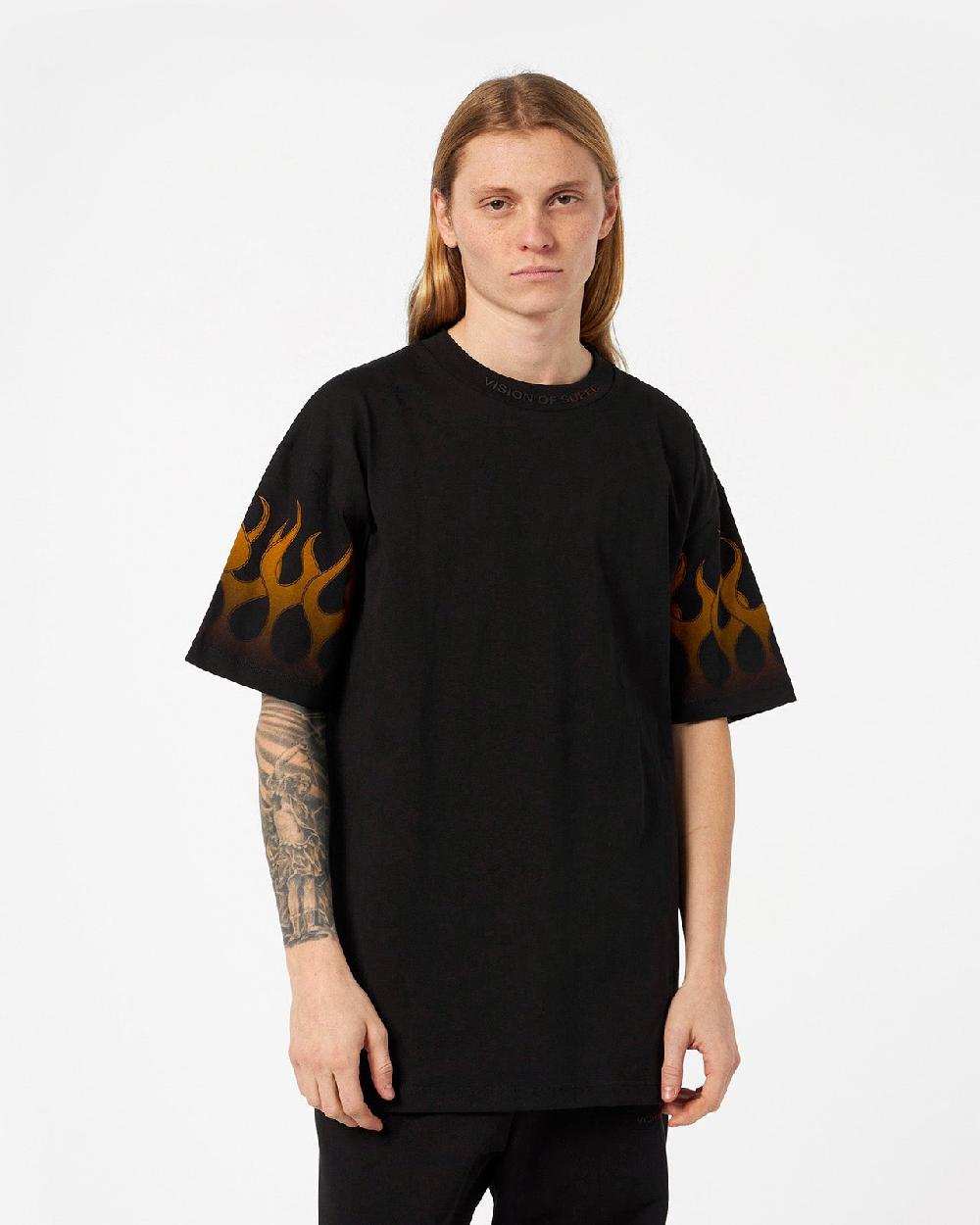 Vision Of Super BLACK T-SHIRT WITH ORANGE FLAMES Convenienza