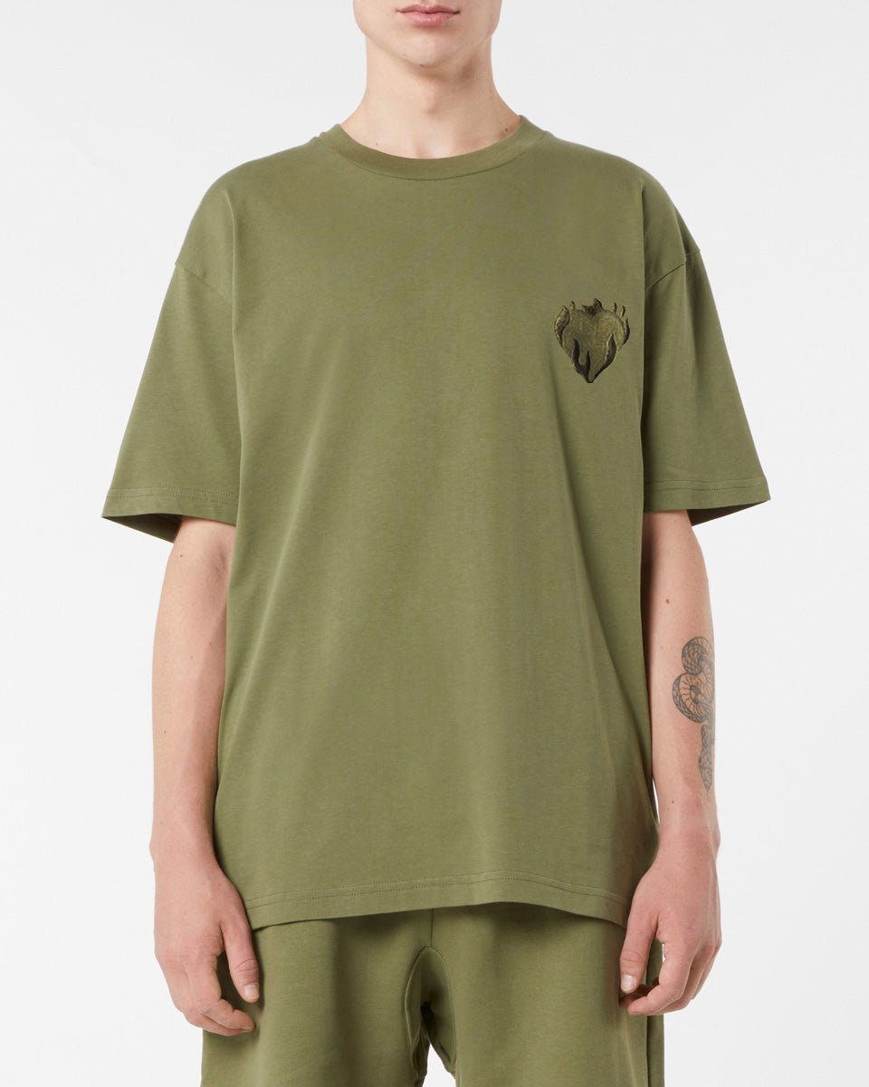 Vision Of Super GREEN T-SHIRT WITH EMBROIDERED FLAMING HEART Economico