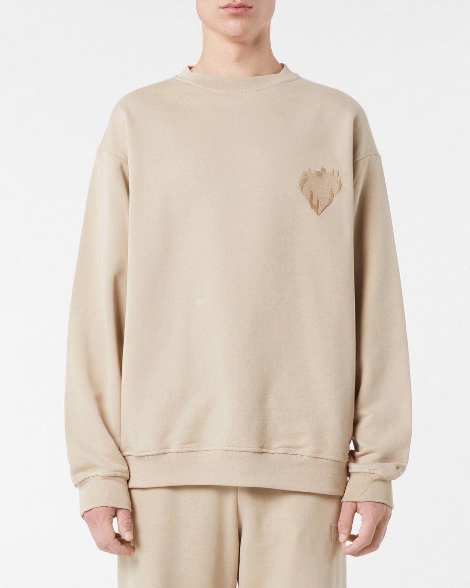 Vision Of Super LIGHT BROWN CREWNECK WITH EMBROIDERED FLAMING HEART Vendita Calda