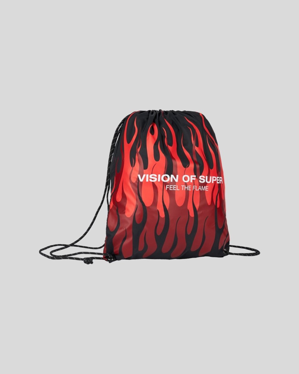Vision Of Super BLACK DRAWSTRING BACKPACK WITH TRIPLE FLAMES AND LOGO PRINT Nuovo