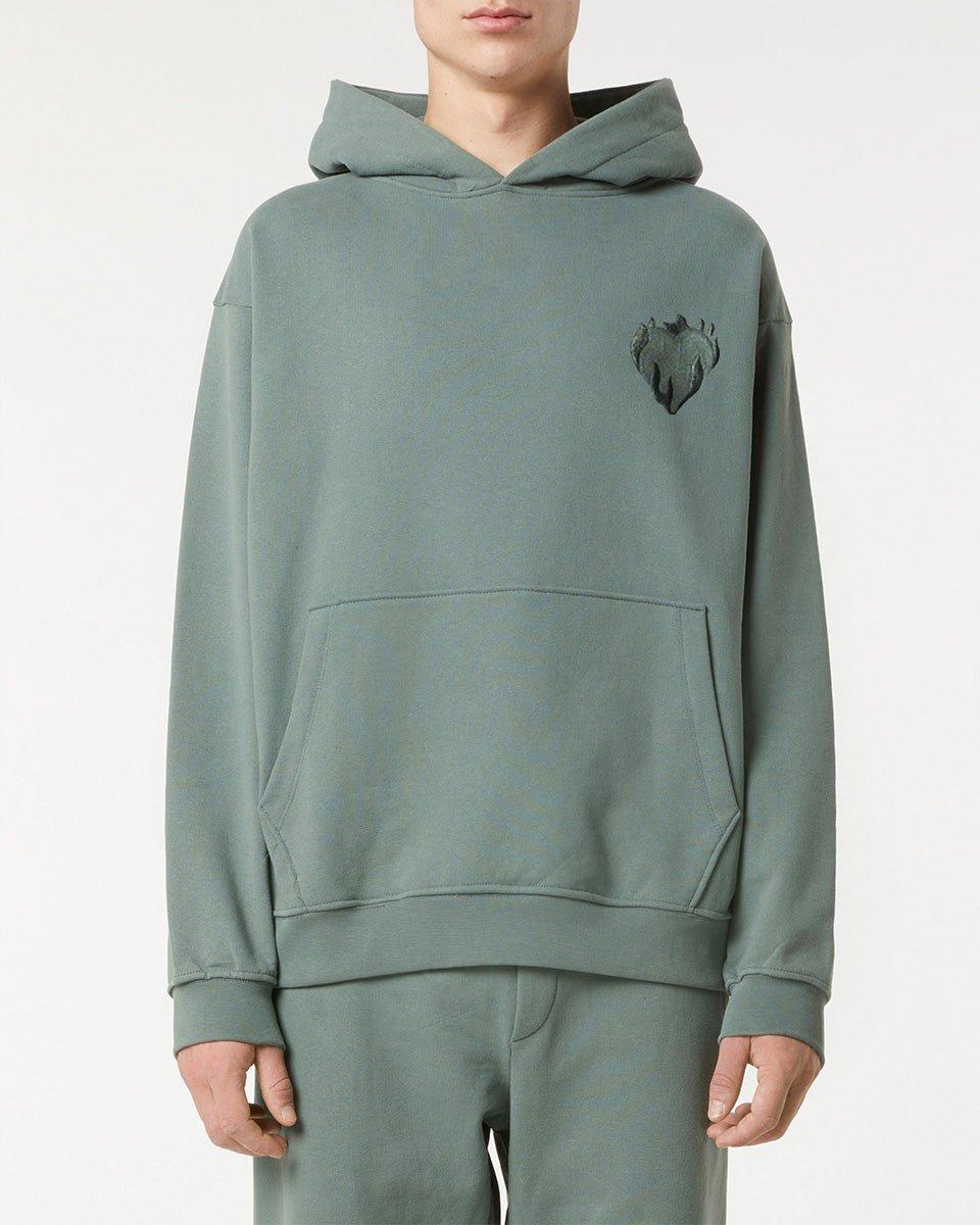 Vision Of Super BALSAM GREEN HOODIE WITH EMBROIDERED FLAMING HEART In Vendita