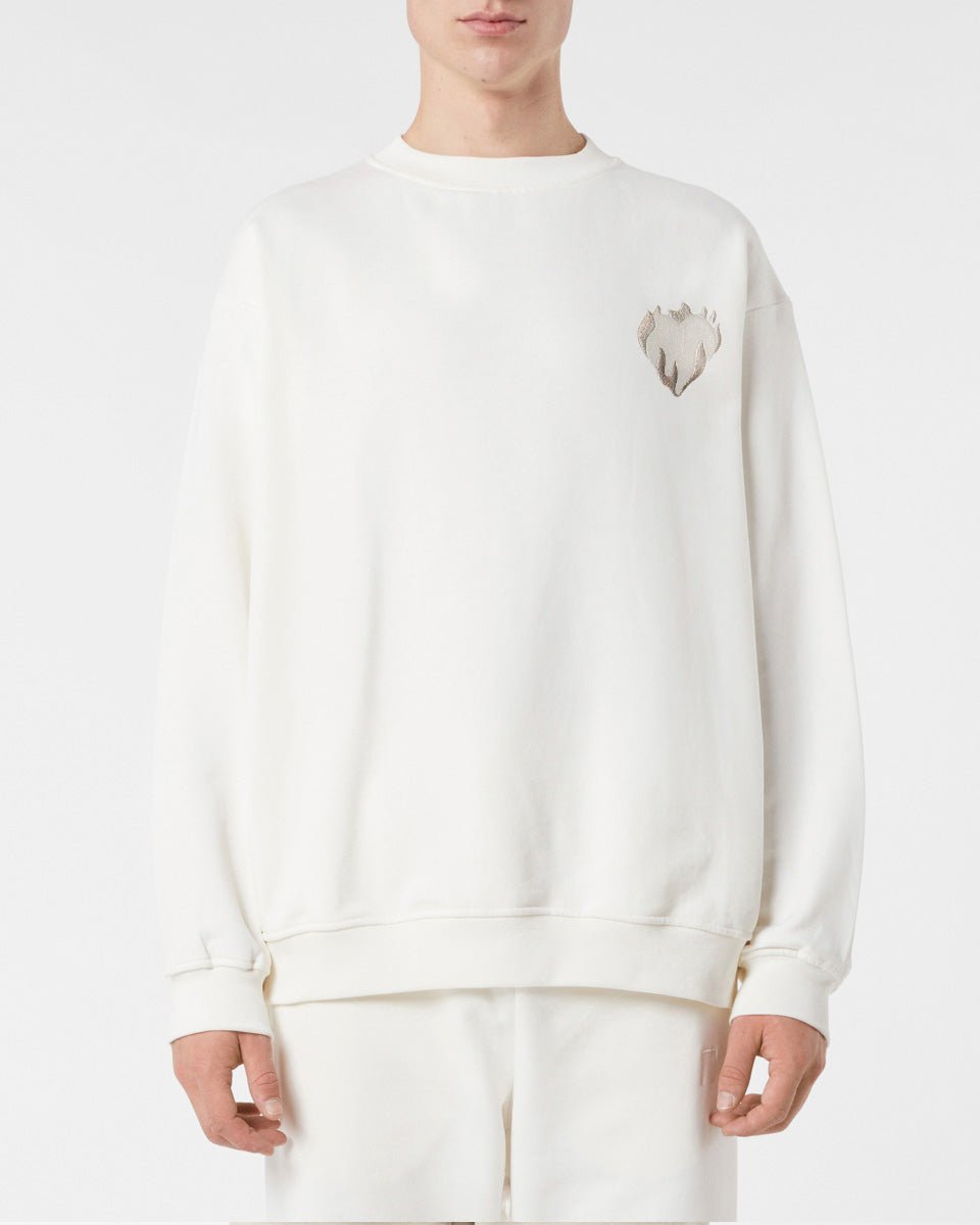 Vision Of Super OFF WHITE CREWNECK WITH EMBROIDERED FLAMING HEART Hotsell