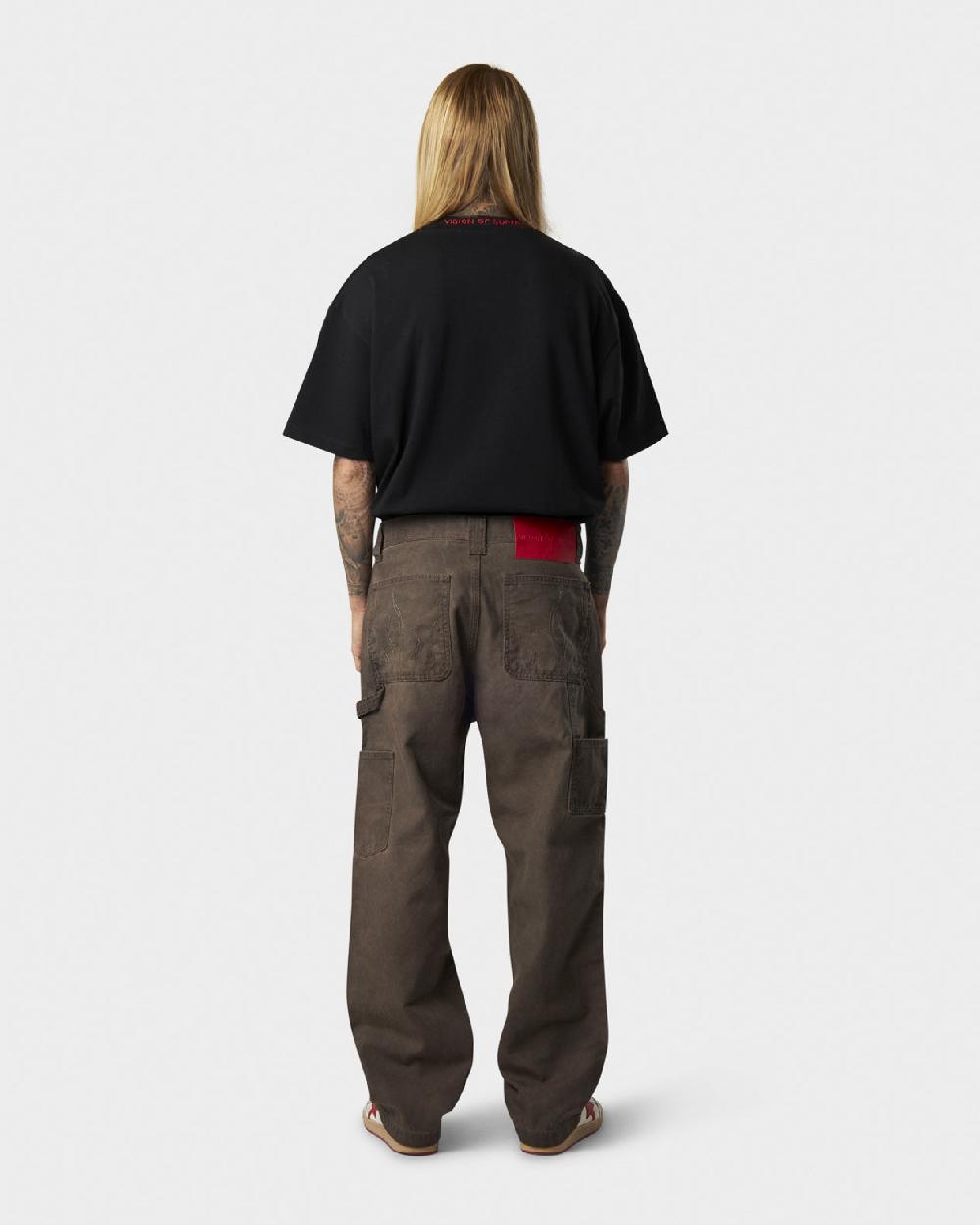 Vision Of Super BROWN WASHED DENIM WITH EMBROIDERED FLAMES ON POCKET AND RED LABEL Italy