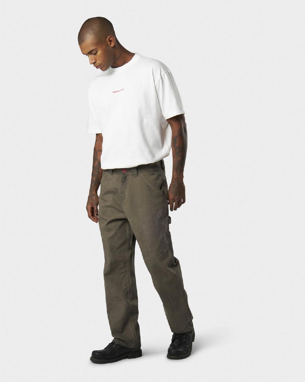 Vision Of Super MILITARY GREEN WASHED DENIM WITH EMBROIDERED FLAMES ON POCKET AND RED LABEL Italia