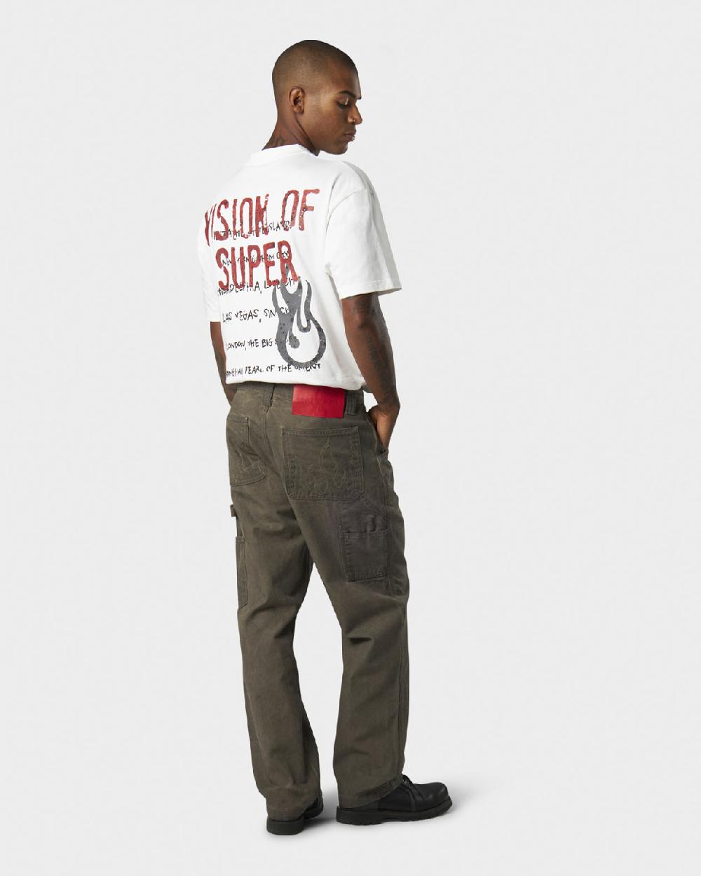 Vision Of Super MILITARY GREEN WASHED DENIM WITH EMBROIDERED FLAMES ON POCKET AND RED LABEL Italia