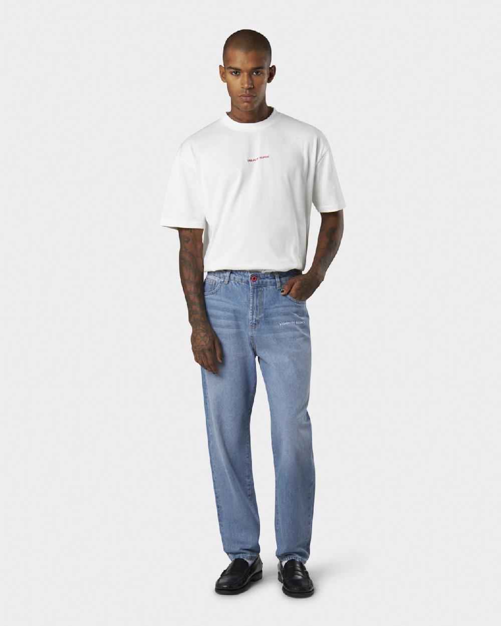 Vision Of Super BLUE JEANS WITH WHITE EMBROIDERED LOGO ON FRONT In Linea