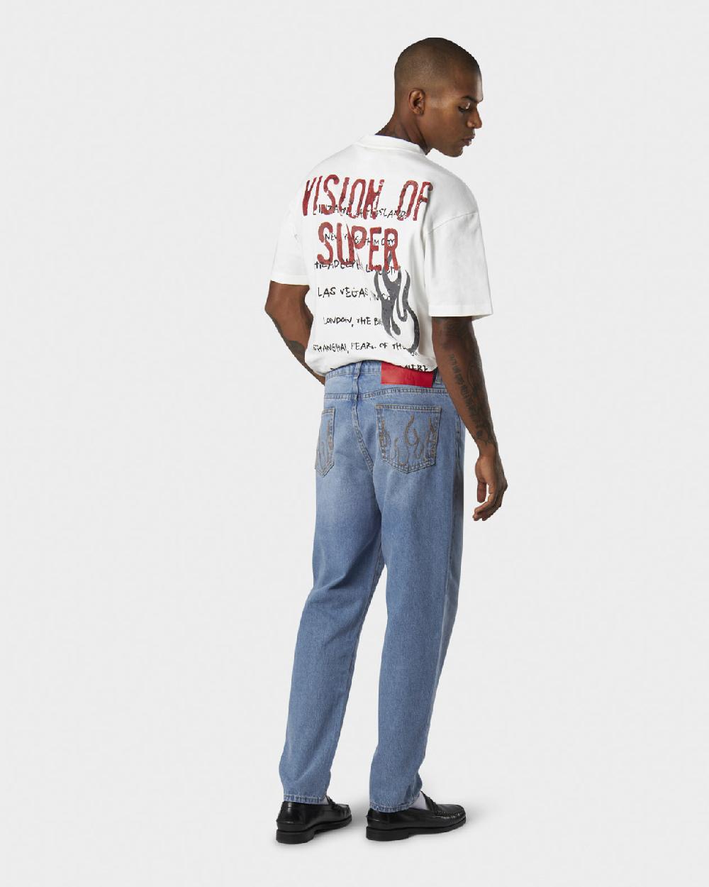 Vision Of Super BLUE JEANS WITH WHITE EMBROIDERED LOGO ON FRONT In Linea