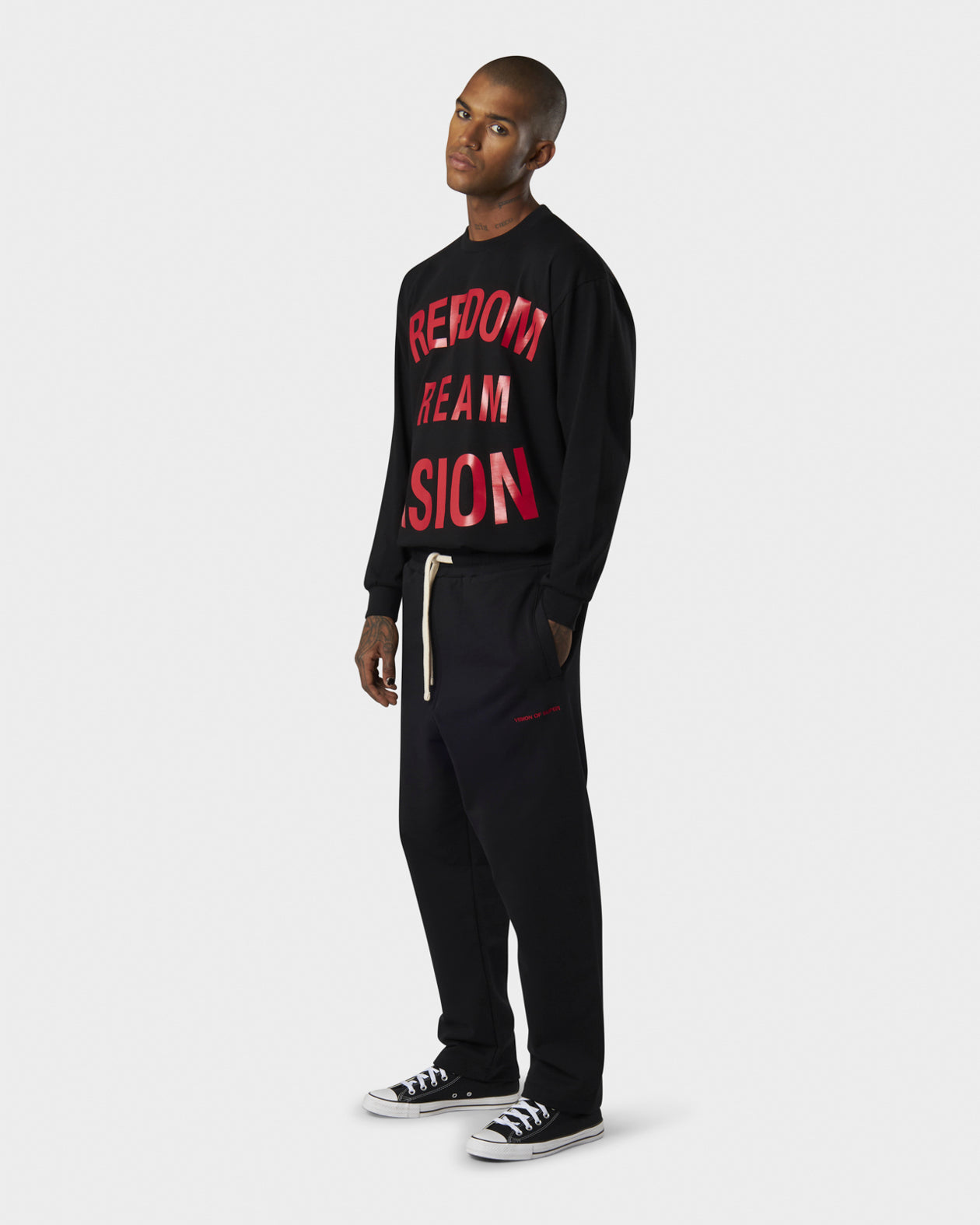 Vision Of Super BLACK SWEATPANTS WITH WHITE COULISSE EMBROIDERED FLAMES ON POCKET AND RED LABEL ON BACK LEFT LEG Offerte speciali