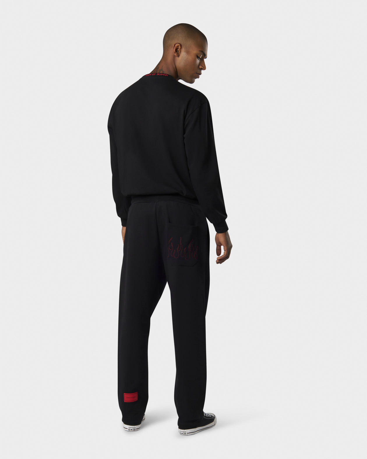 Vision Of Super BLACK SWEATPANTS WITH WHITE COULISSE EMBROIDERED FLAMES ON POCKET AND RED LABEL ON BACK LEFT LEG Offerte speciali
