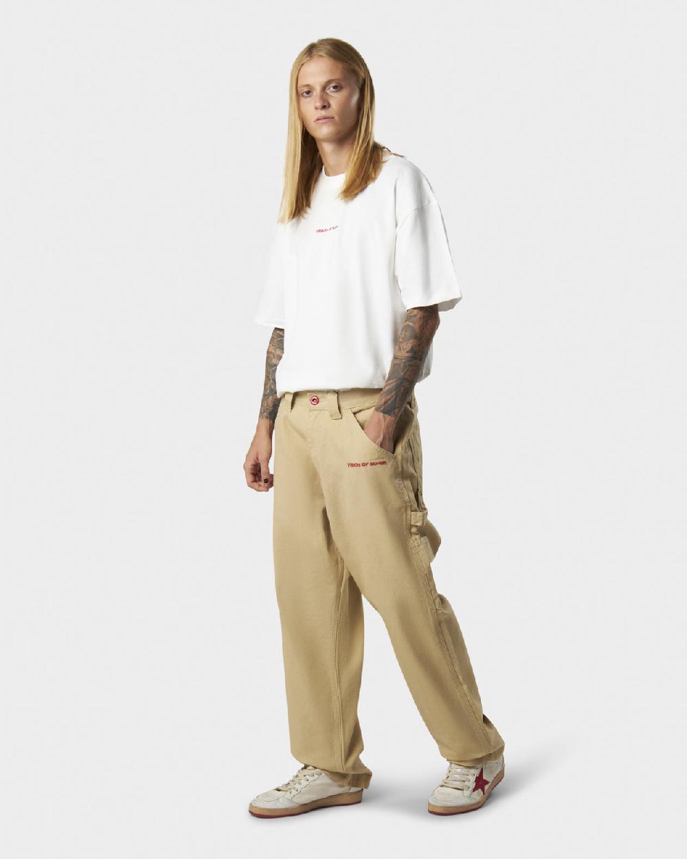 Vision Of Super BEIGE WORKER DENIM WITH EMBROIDERED FLAMES ON POCKETS AND RED NEW BIG LABEL Qualità