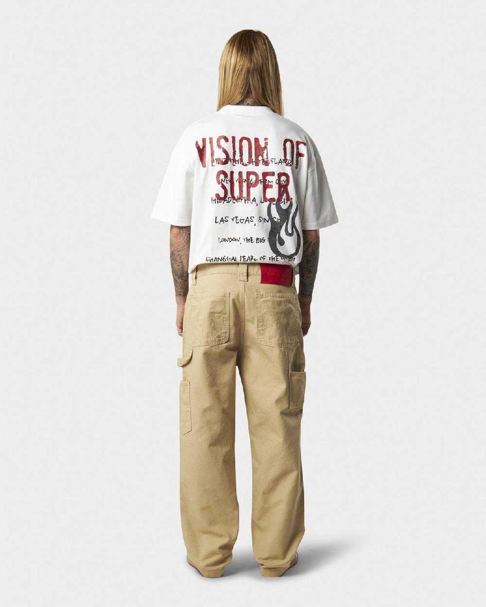 Vision Of Super BEIGE WORKER DENIM WITH EMBROIDERED FLAMES ON POCKETS AND RED NEW BIG LABEL Qualità
