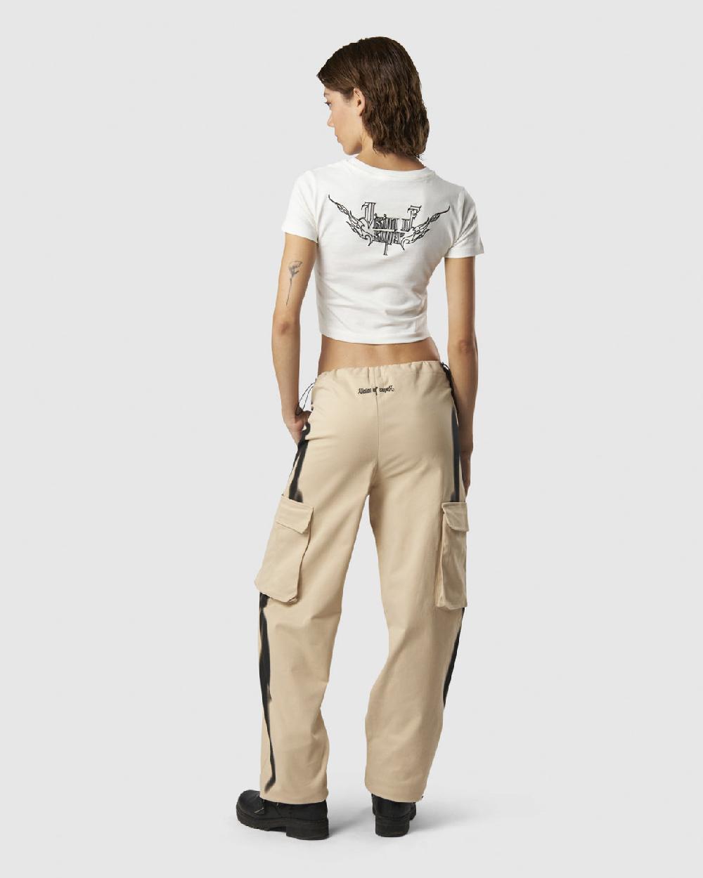 Vision Of Super LIGHT SAND CARGO PANTS WITH EMBROIDERED TRIBAL LOGO ON BACK AND PRINTED TRIBAL FLAMES ON SIDES Vendita