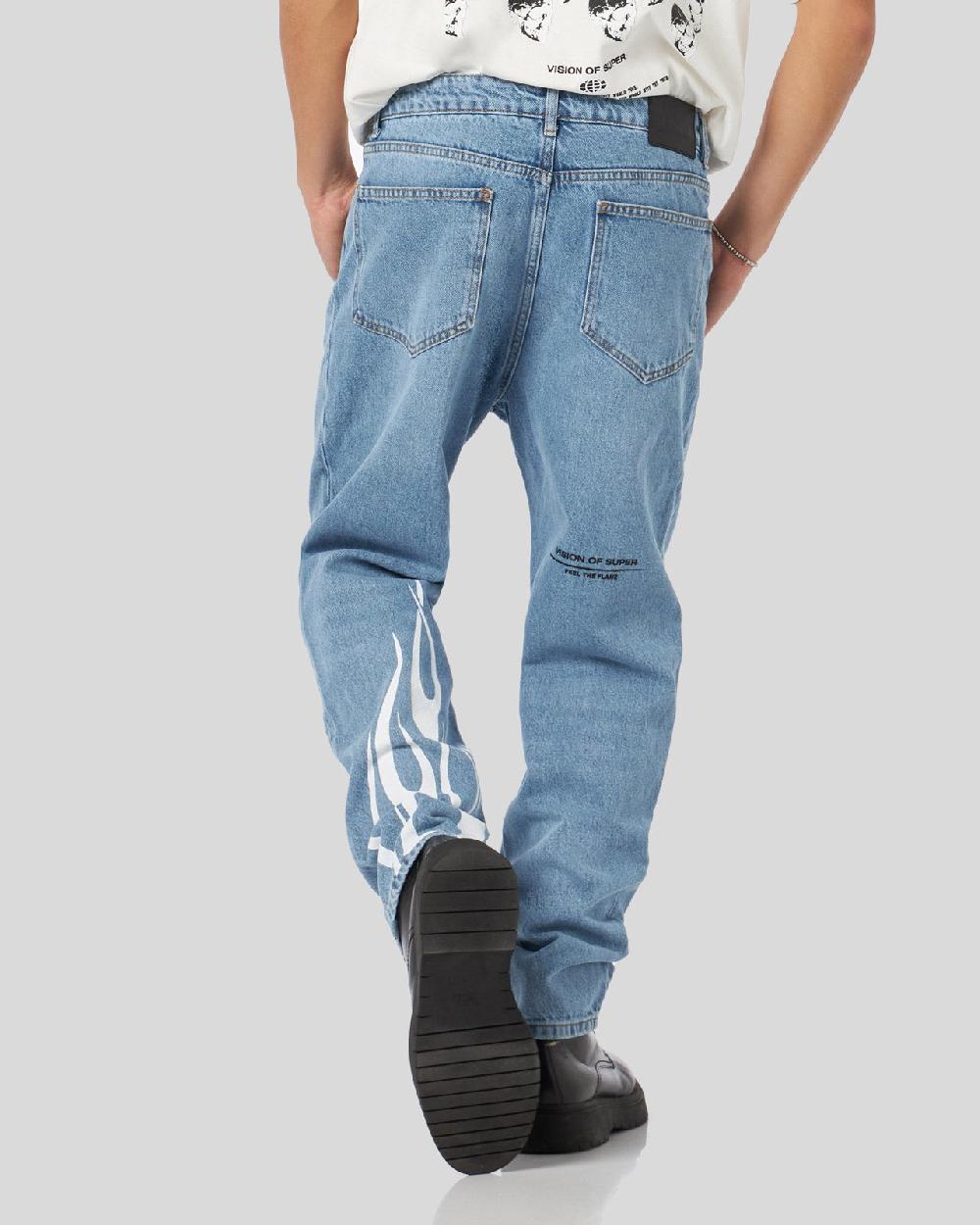 Vision Of Super BLUE DENIM JEANS WITH PRINTED FLAMES AND LOGO Soddisfazione Garantita