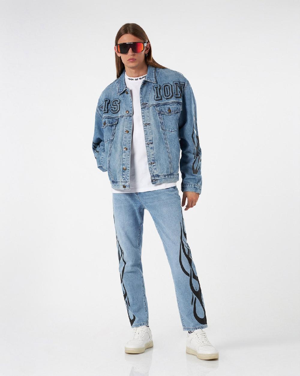 Vision Of Super BLUE DENIM JACKET WITH BLACK TRIBAL FLAMES Economico