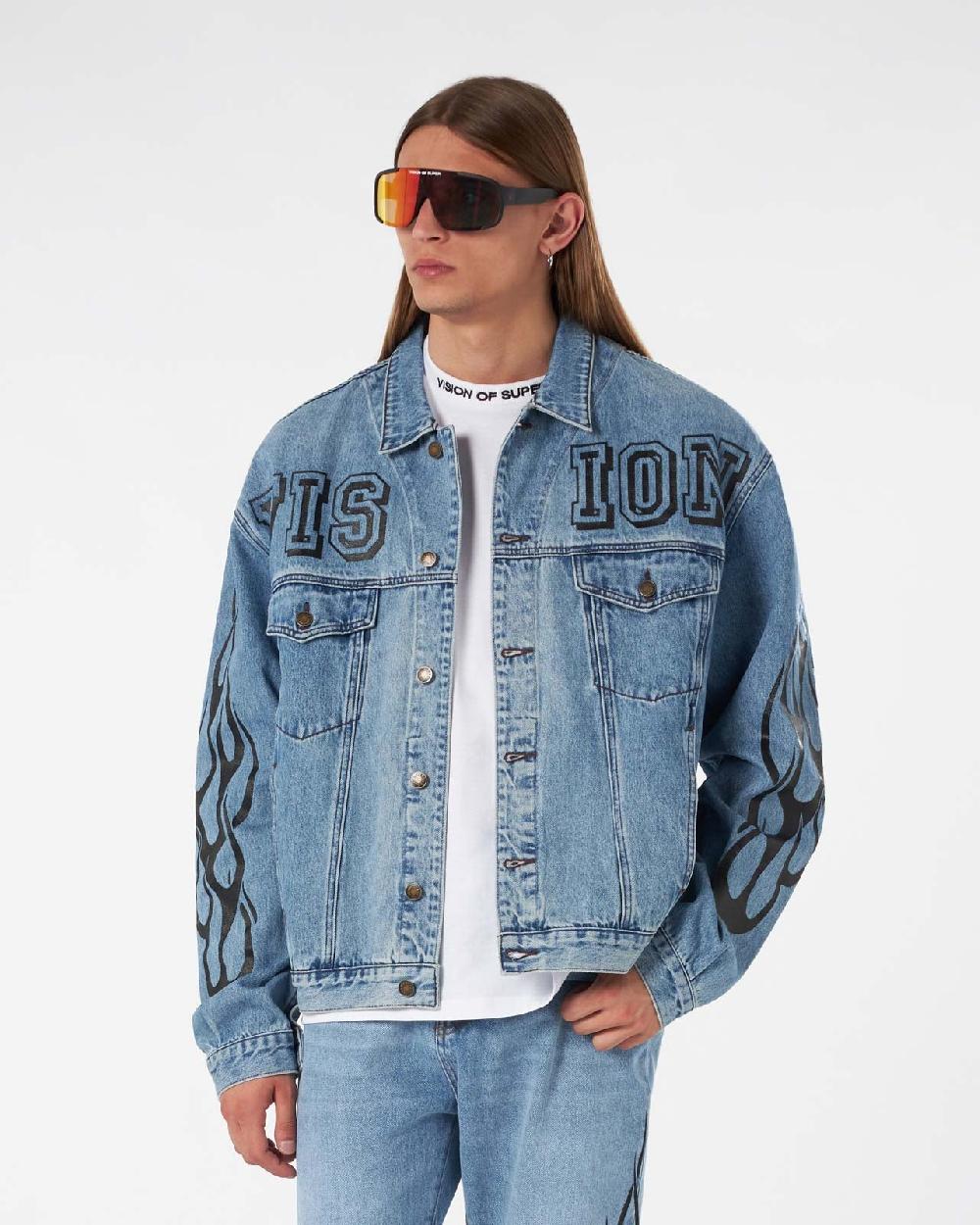 Vision Of Super BLUE DENIM JACKET WITH BLACK TRIBAL FLAMES Economico
