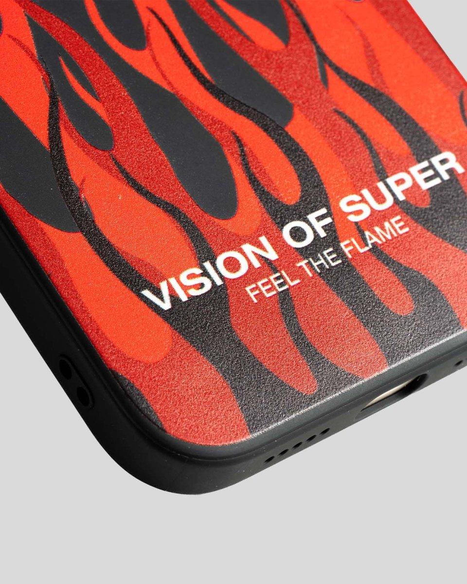 Vision Of Super BLACK iPHONE 14 PRO COVER WITH RED FLAMES AND WHITE LOGO In Vendita