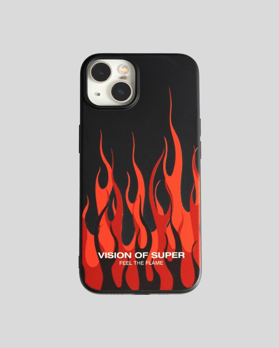 Vision Of Super BLACK iPHONE 14 PRO COVER WITH RED FLAMES AND WHITE LOGO In Vendita