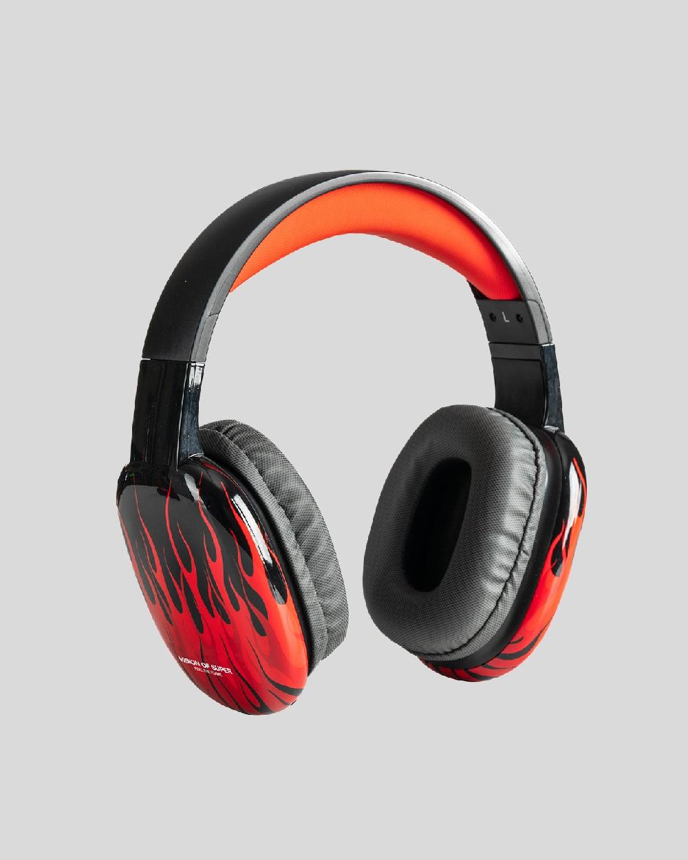 Vision Of Super BLACK HEADPHONES WITH RED FLAMES AND WHITE LOGO Offerte