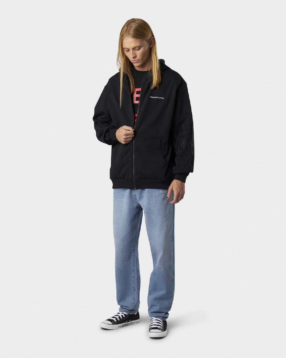 Vision Of Super BLACK HOODIE ZIP WITH EMBROIDERED WHITE LOGO BLACK FLAMES AND METAL LABEL + BUTTON Italy