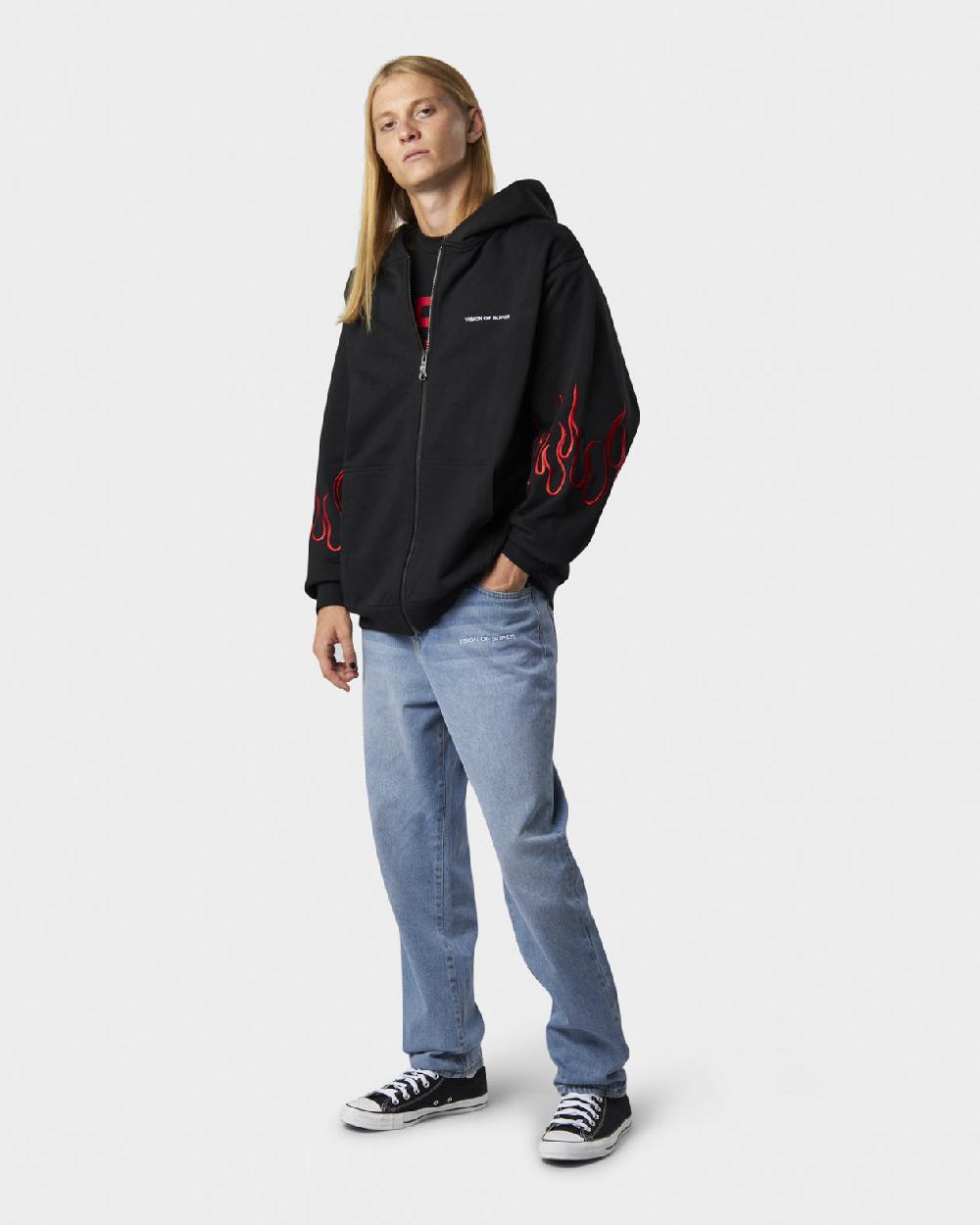 Vision Of Super BLACK HOODIE ZIP WITH EMBROIDERED WHITE LOGO EMBROIDERED RED FLAMES AND METAL LABEL + BUTTON Italia